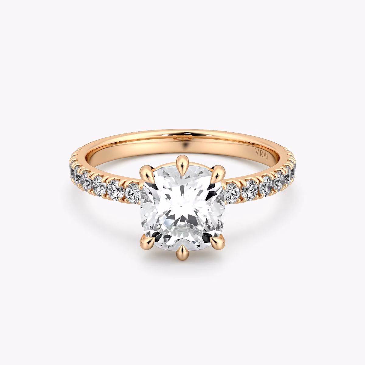 The Signature 6 Prong | Cushion | 14k | Rose Gold | bandAccent: Pavé | bandWidth: large | hiddenHalo: no | diamondOrientation: vertical | caratWeight: other
