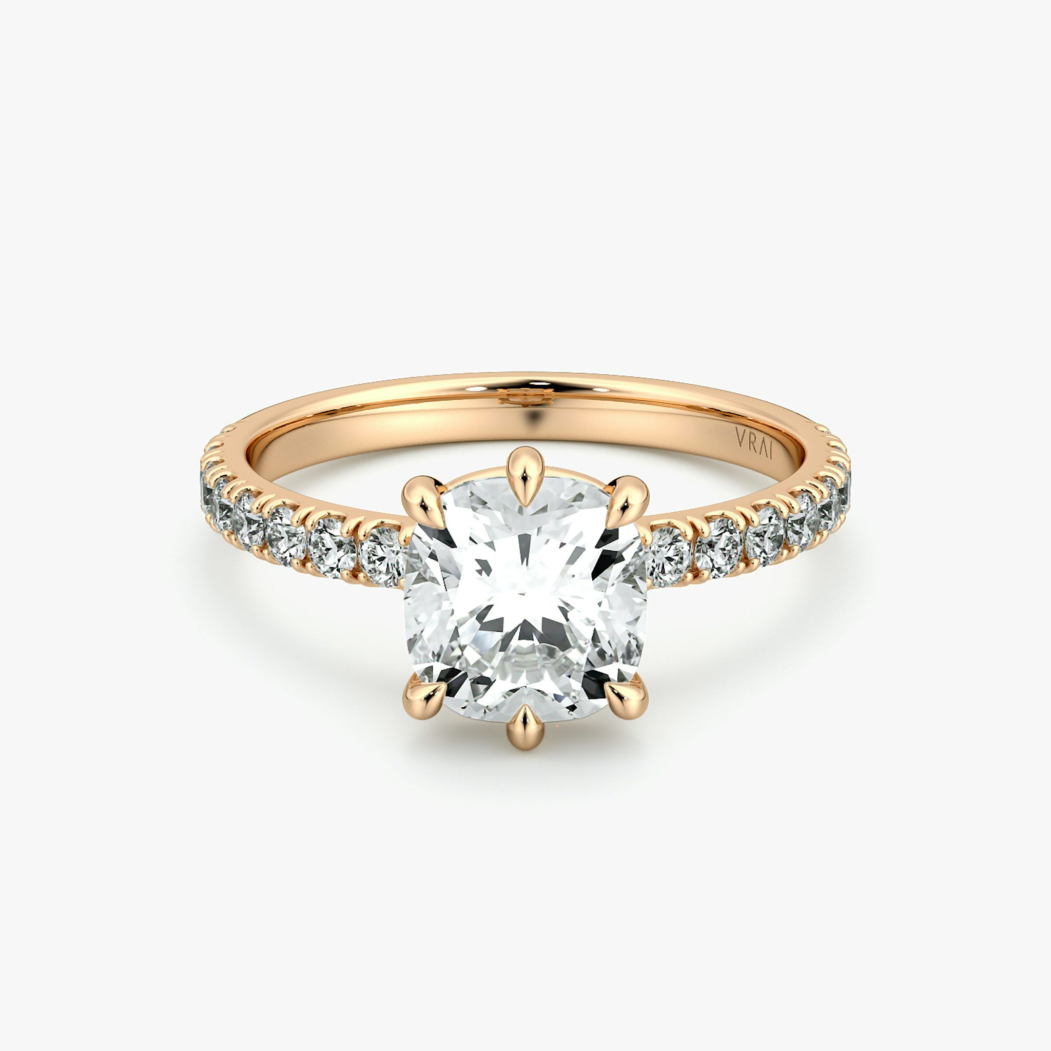 The Signature 6 Prong | Cushion | 14k | Rose Gold | bandAccent: Pavé | bandWidth: large | hiddenHalo: no | diamondOrientation: vertical | caratWeight: other