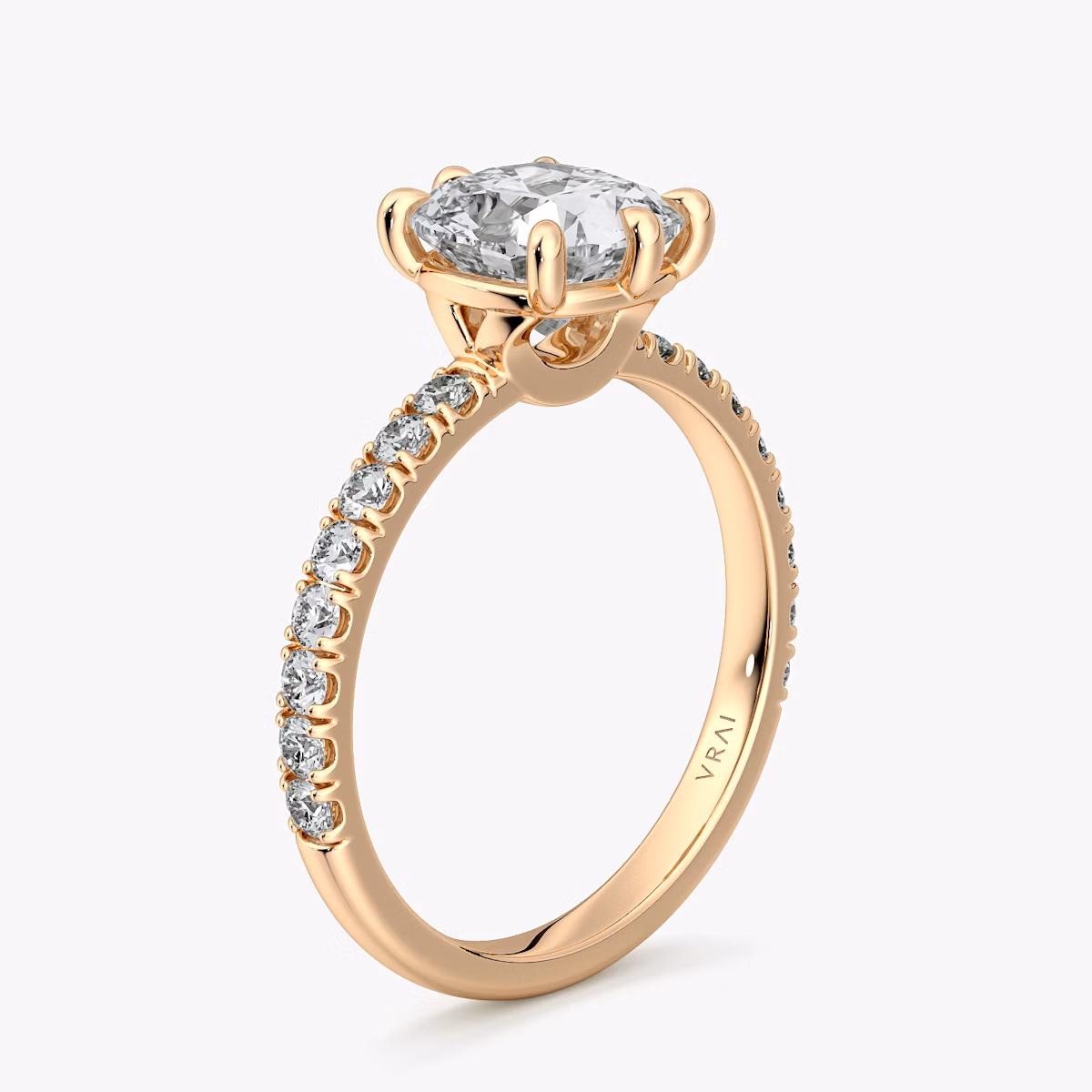 The Signature 6 Prong | Cushion | 14k | Rose Gold | bandAccent: Pavé | bandWidth: large | hiddenHalo: no | diamondOrientation: vertical | caratWeight: other