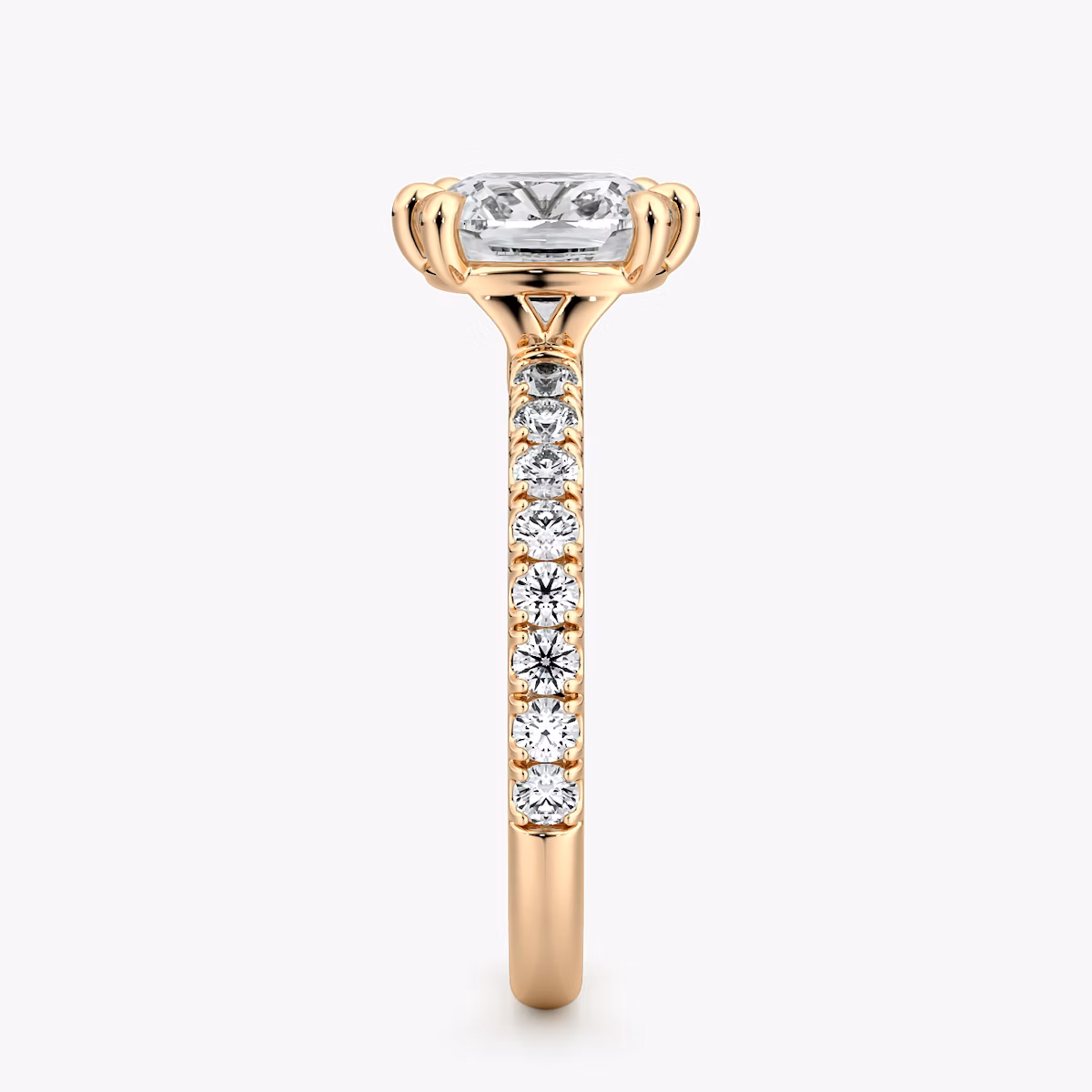 The Signature 6 Prong | Cushion | 14k | Rose Gold | bandAccent: Pavé | bandWidth: large | hiddenHalo: no | diamondOrientation: vertical | caratWeight: other