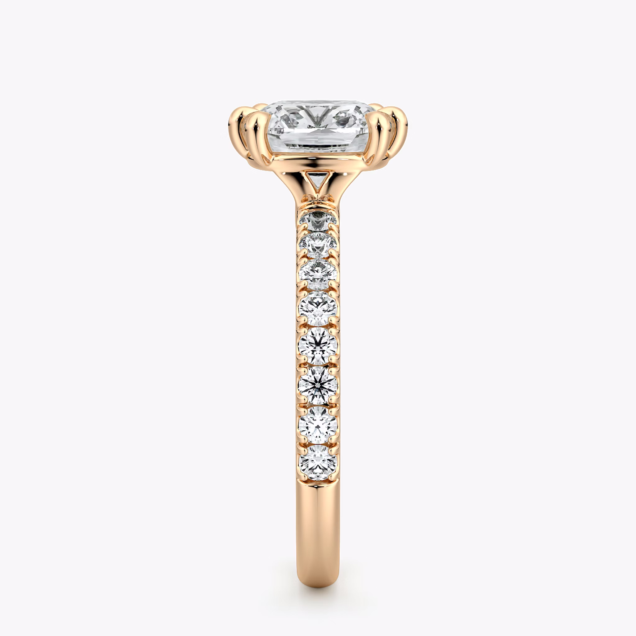 The Signature 6 Prong | Cushion | 14k | Rose Gold | bandAccent: Pavé | bandWidth: large | hiddenHalo: no | diamondOrientation: vertical | caratWeight: other