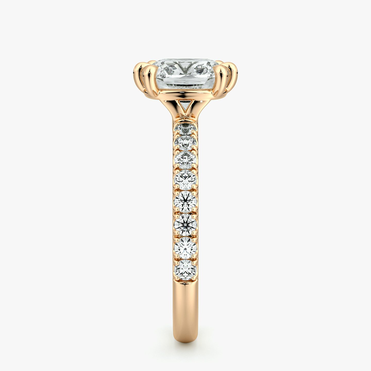 The Signature 6 Prong | Cushion | 14k | Rose Gold | bandAccent: Pavé | bandWidth: large | hiddenHalo: no | diamondOrientation: vertical | caratWeight: other