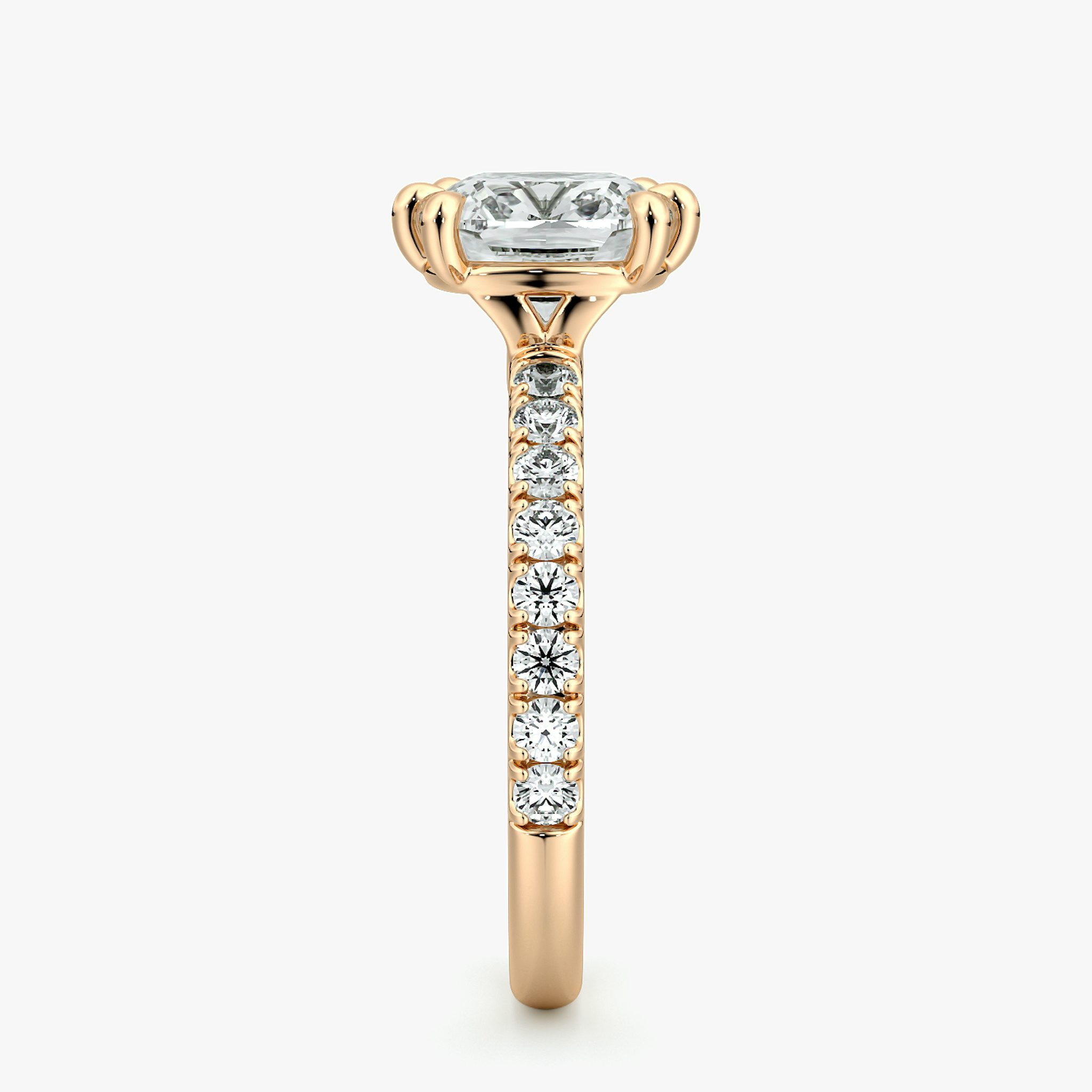 The Signature 6 Prong | Cushion | 14k | Rose Gold | bandAccent: Pavé | bandWidth: large | hiddenHalo: no | diamondOrientation: vertical | caratWeight: other