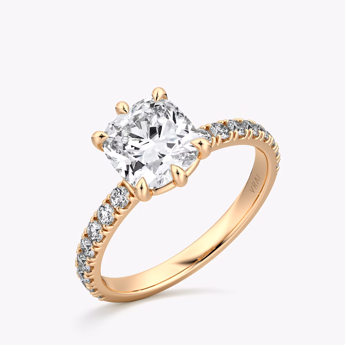 The Signature 6 Prong | Cushion | 14k | Rose Gold | bandAccent: Pavé | bandWidth: large | hiddenHalo: no | diamondOrientation: vertical | caratWeight: other