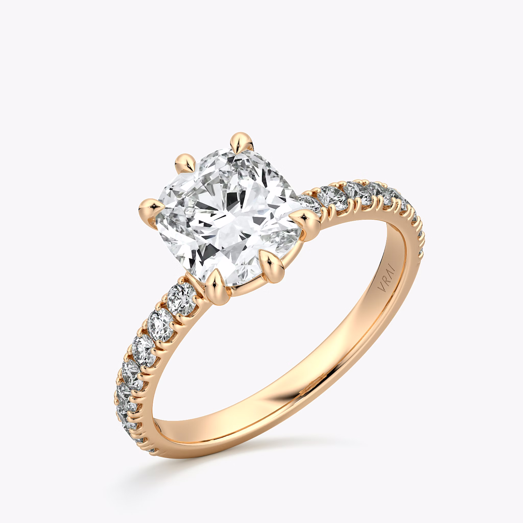 The Signature 6 Prong | Cushion | 14k | Rose Gold | bandAccent: Pavé | bandWidth: large | hiddenHalo: no | diamondOrientation: vertical | caratWeight: other