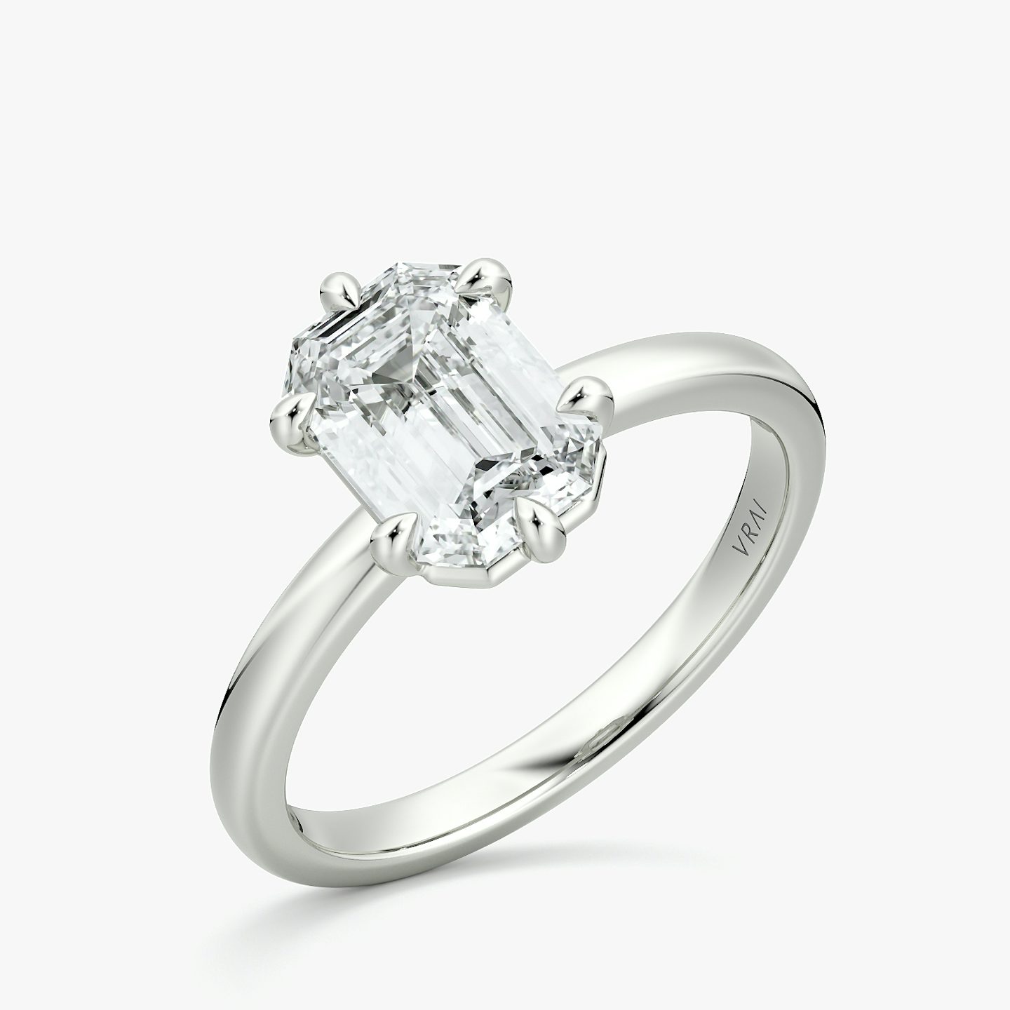 The Signature 6 Prong | Emerald | 18k | White Gold | bandAccent: Plain | bandWidth: large | hiddenHalo: no | diamondOrientation: vertical | caratWeight: other