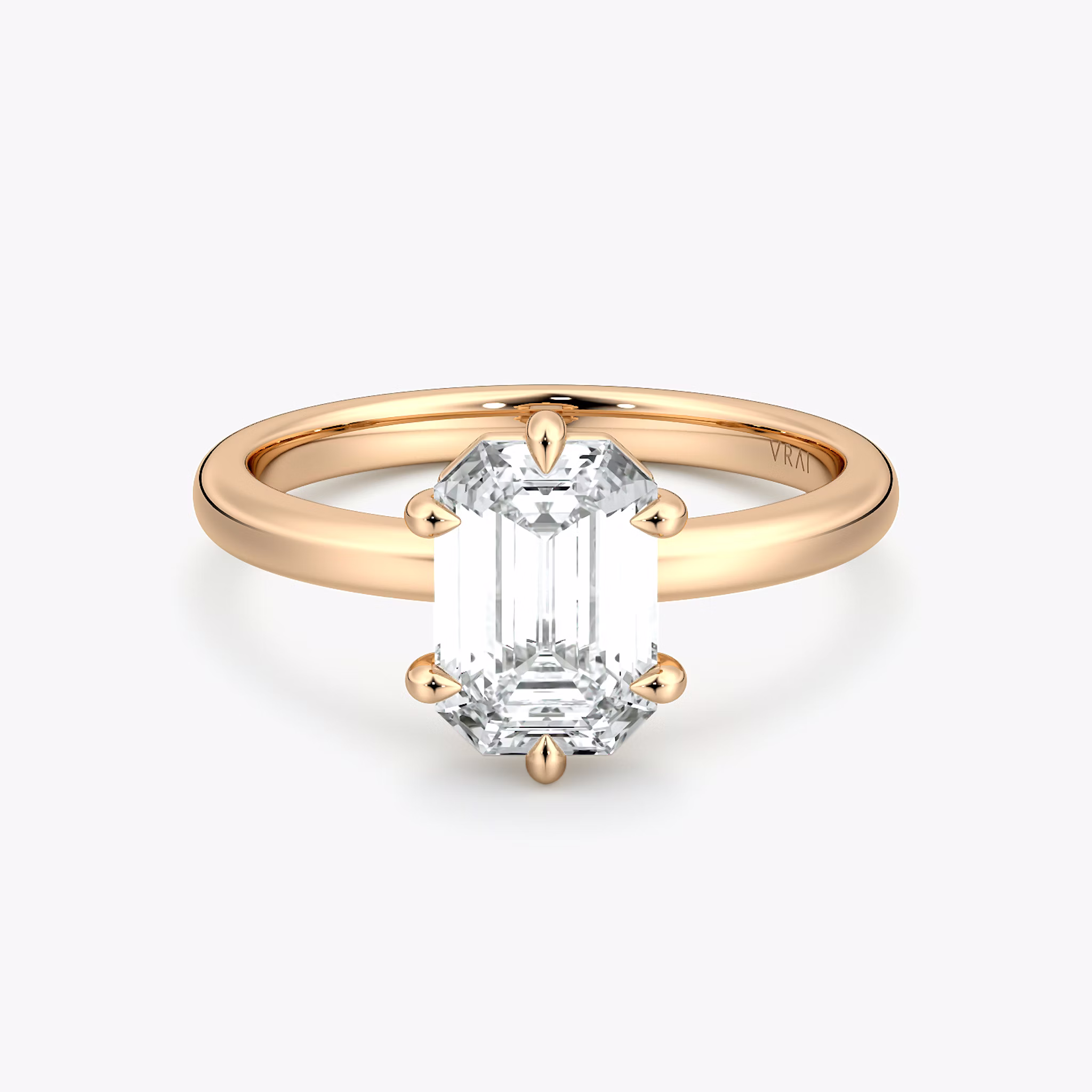 The Signature 6 Prong | Emerald | 14k | Rose Gold | bandAccent: Plain | bandWidth: large | hiddenHalo: no | diamondOrientation: vertical | caratWeight: other