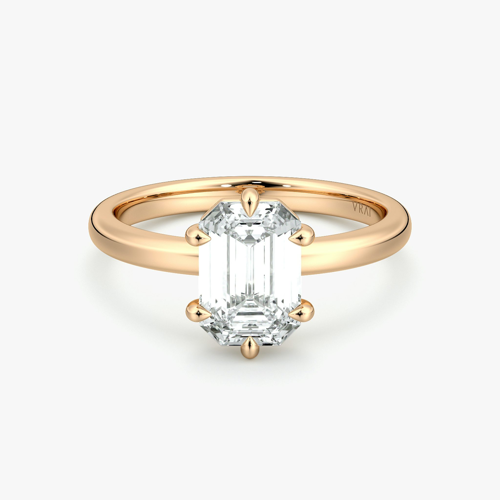 The Signature 6 Prong | Emerald | 14k | Rose Gold | bandAccent: Plain | bandWidth: large | hiddenHalo: no | diamondOrientation: vertical | caratWeight: other