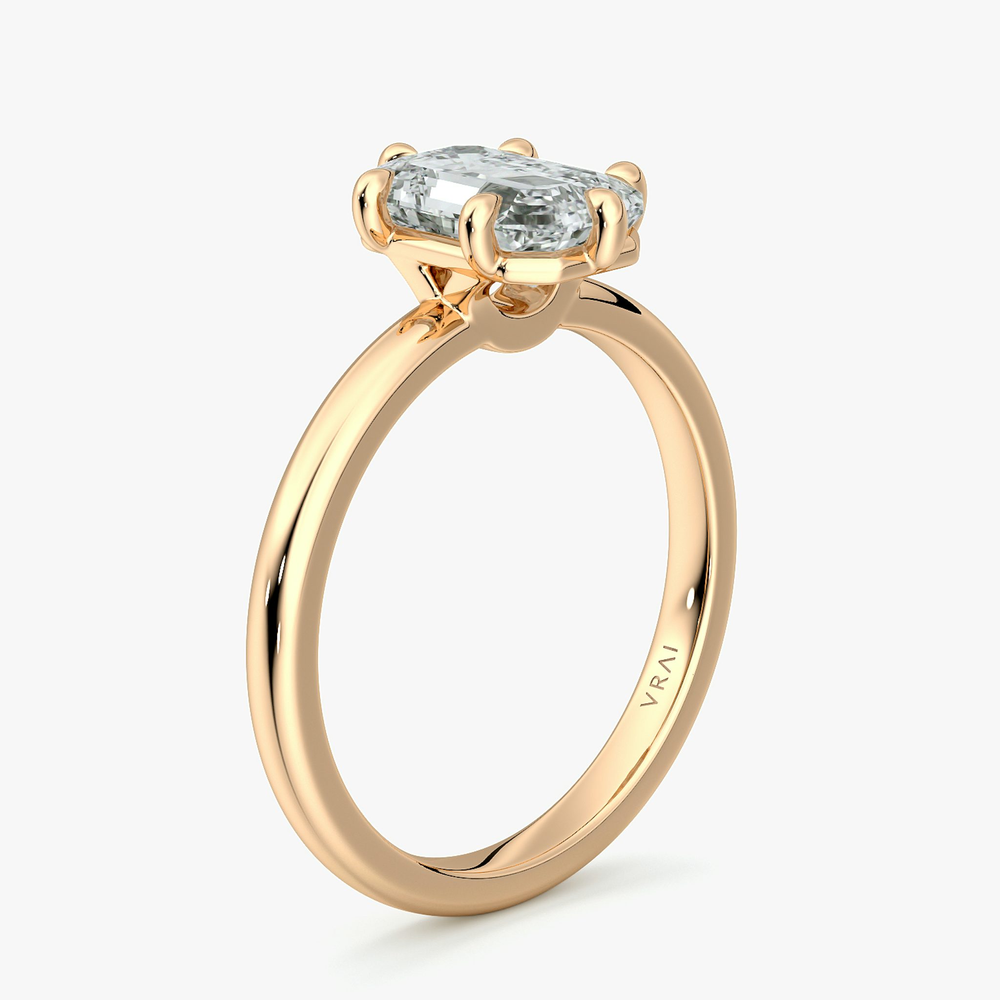 The Signature 6 Prong | Emerald | 14k | Rose Gold | bandAccent: Plain | bandWidth: large | hiddenHalo: no | diamondOrientation: vertical | caratWeight: other