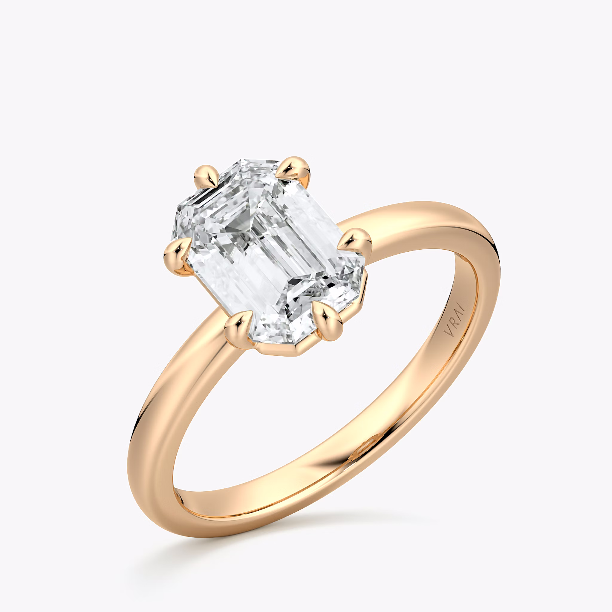 The Signature 6 Prong | Emerald | 14k | Rose Gold | bandAccent: Plain | bandWidth: large | hiddenHalo: no | diamondOrientation: vertical | caratWeight: other