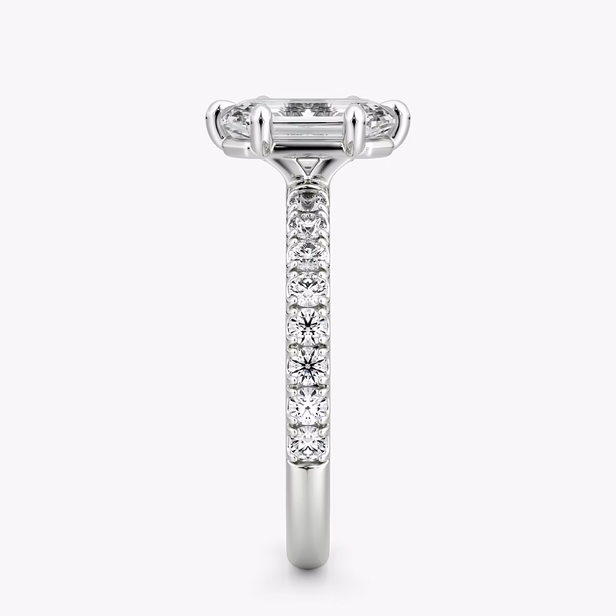 The Signature 6 Prong | Emerald | Platinum | bandAccent: Pavé | bandWidth: large | hiddenHalo: no | diamondOrientation: vertical | caratWeight: other