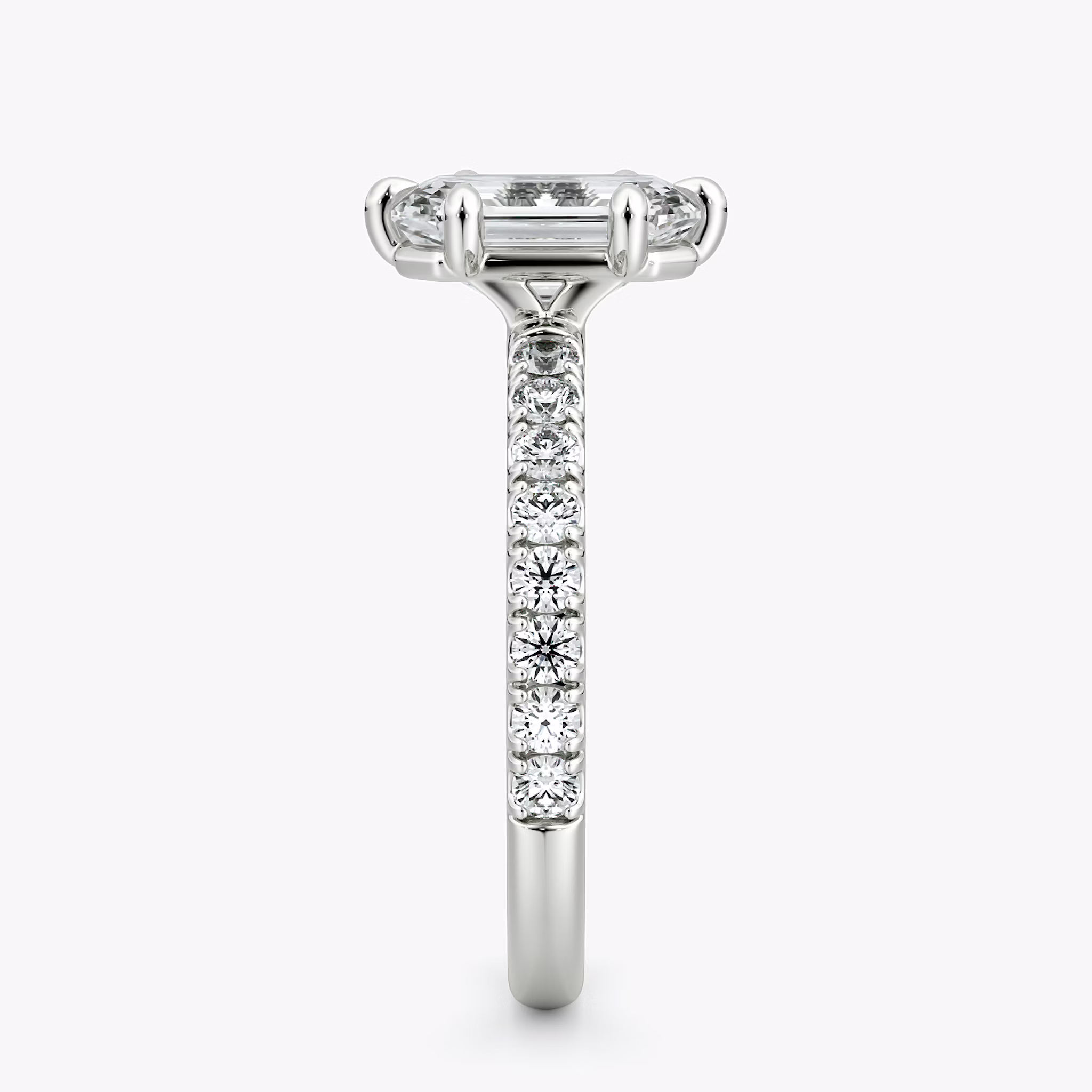 The Signature 6 Prong | Emerald | 18k | White Gold | bandAccent: Pavé | bandWidth: large | hiddenHalo: no | diamondOrientation: vertical | caratWeight: other