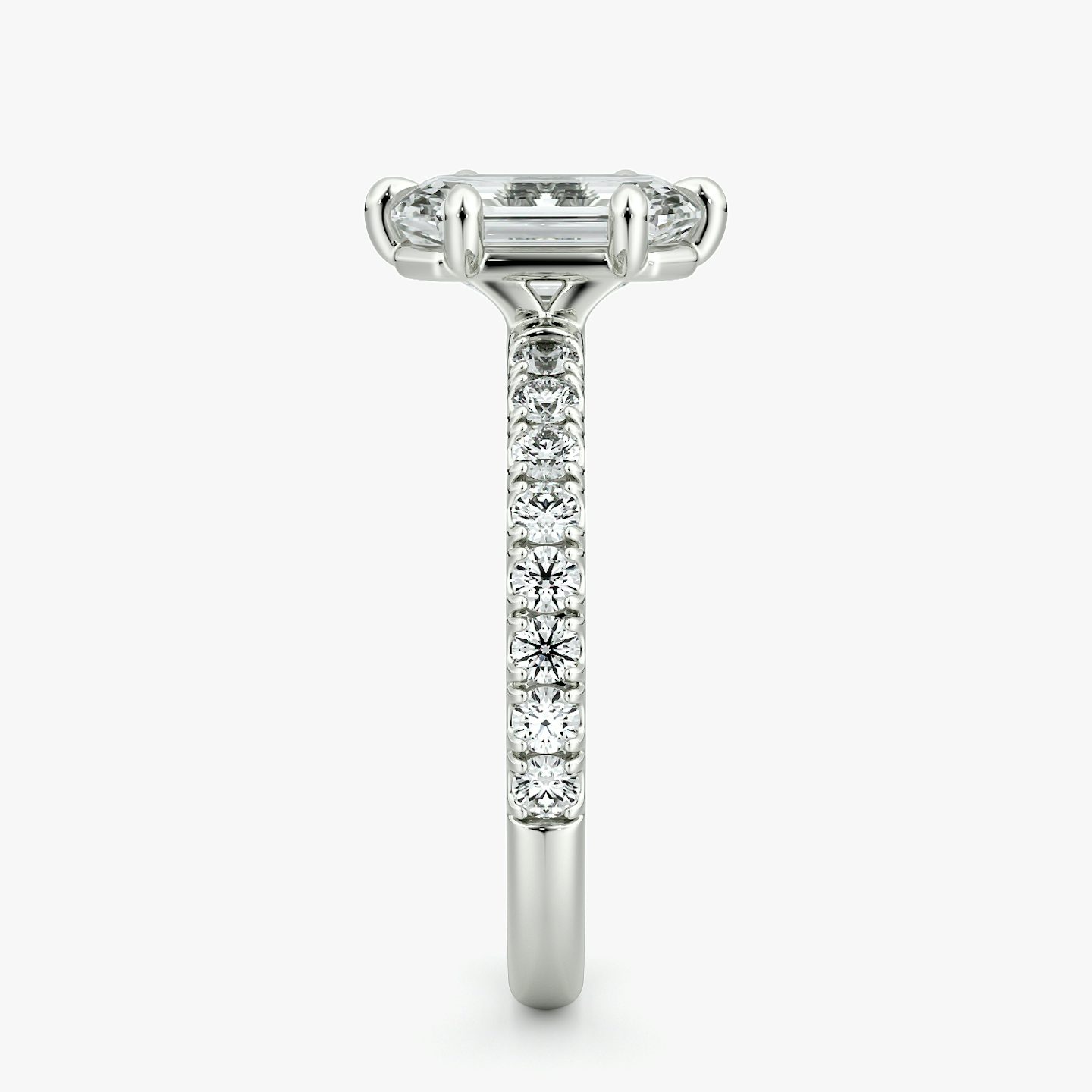 The Signature 6 Prong | Emerald | Platinum | bandAccent: Pavé | bandWidth: large | hiddenHalo: no | diamondOrientation: vertical | caratWeight: other