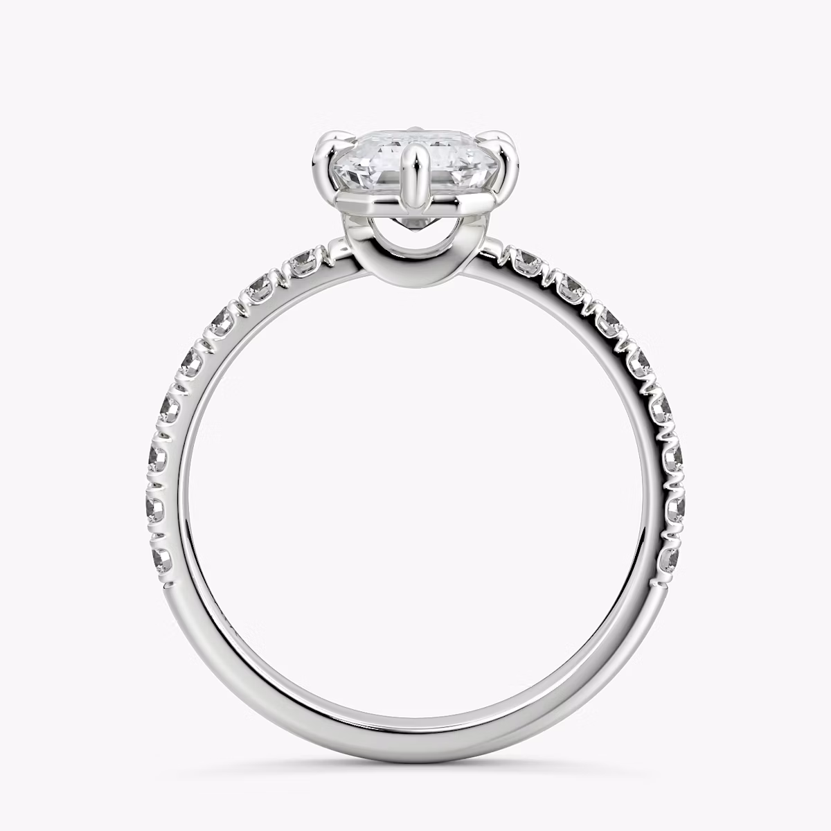 The Signature 6 Prong | Emerald | Platinum | bandAccent: Pavé | bandWidth: large | hiddenHalo: no | diamondOrientation: vertical | caratWeight: other