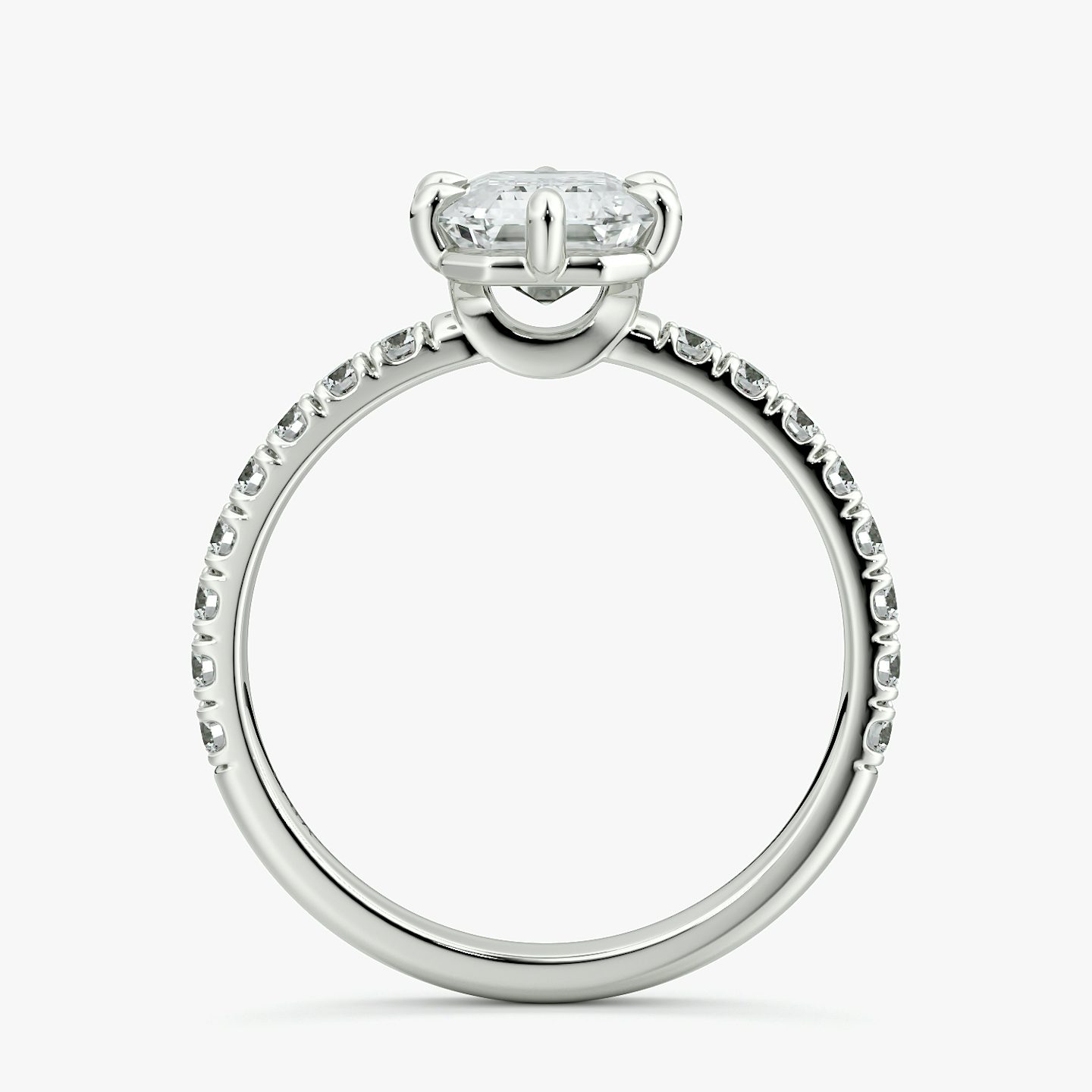 The Signature 6 Prong | Emerald | Platinum | bandAccent: Pavé | bandWidth: large | hiddenHalo: no | diamondOrientation: vertical | caratWeight: other
