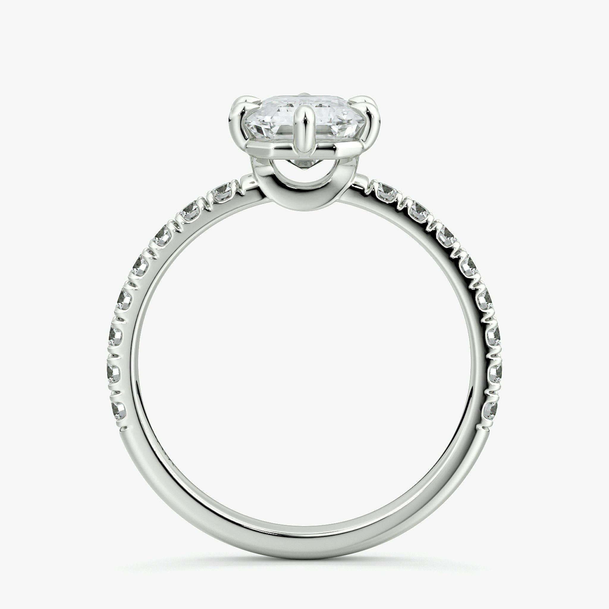 The Signature 6 Prong | Emerald | 18k | White Gold | bandAccent: Pavé | bandWidth: large | hiddenHalo: no | diamondOrientation: vertical | caratWeight: other