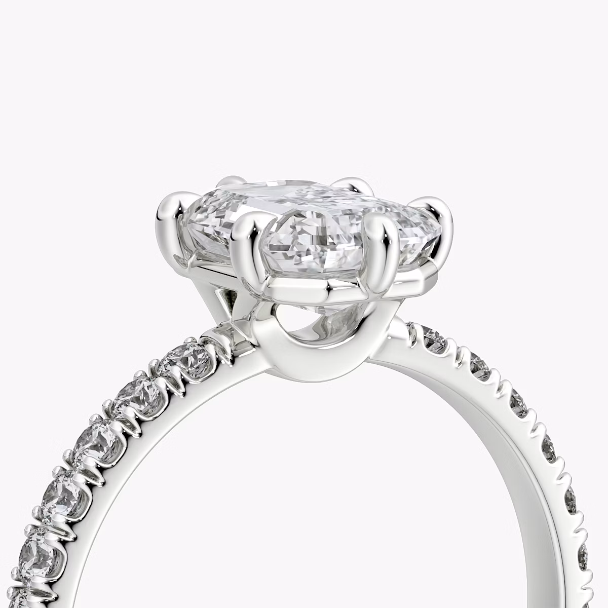 The Signature 6 Prong | Emerald | Platinum | bandAccent: Pavé | bandWidth: large | hiddenHalo: no | diamondOrientation: vertical | caratWeight: other