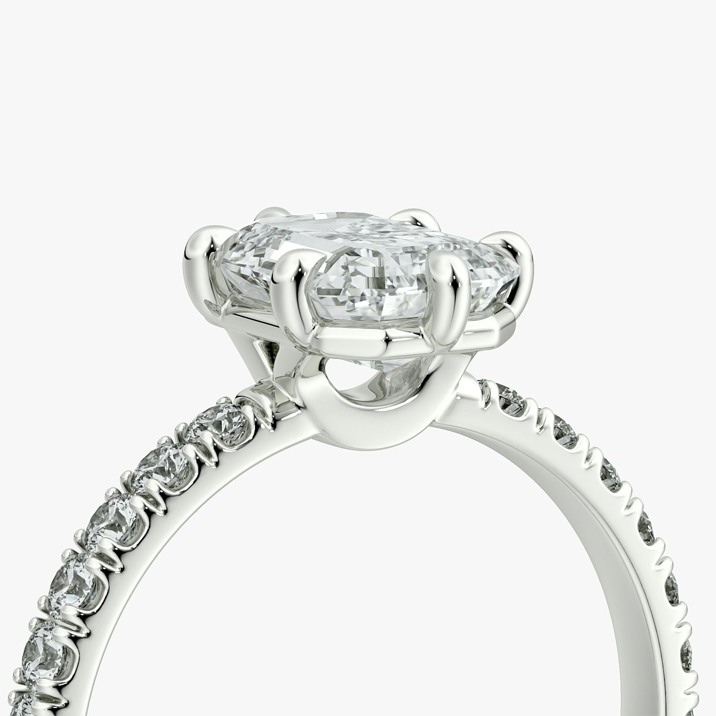 The Signature 6 Prong | Emerald | Platinum | bandAccent: Pavé | bandWidth: large | hiddenHalo: no | diamondOrientation: vertical | caratWeight: other