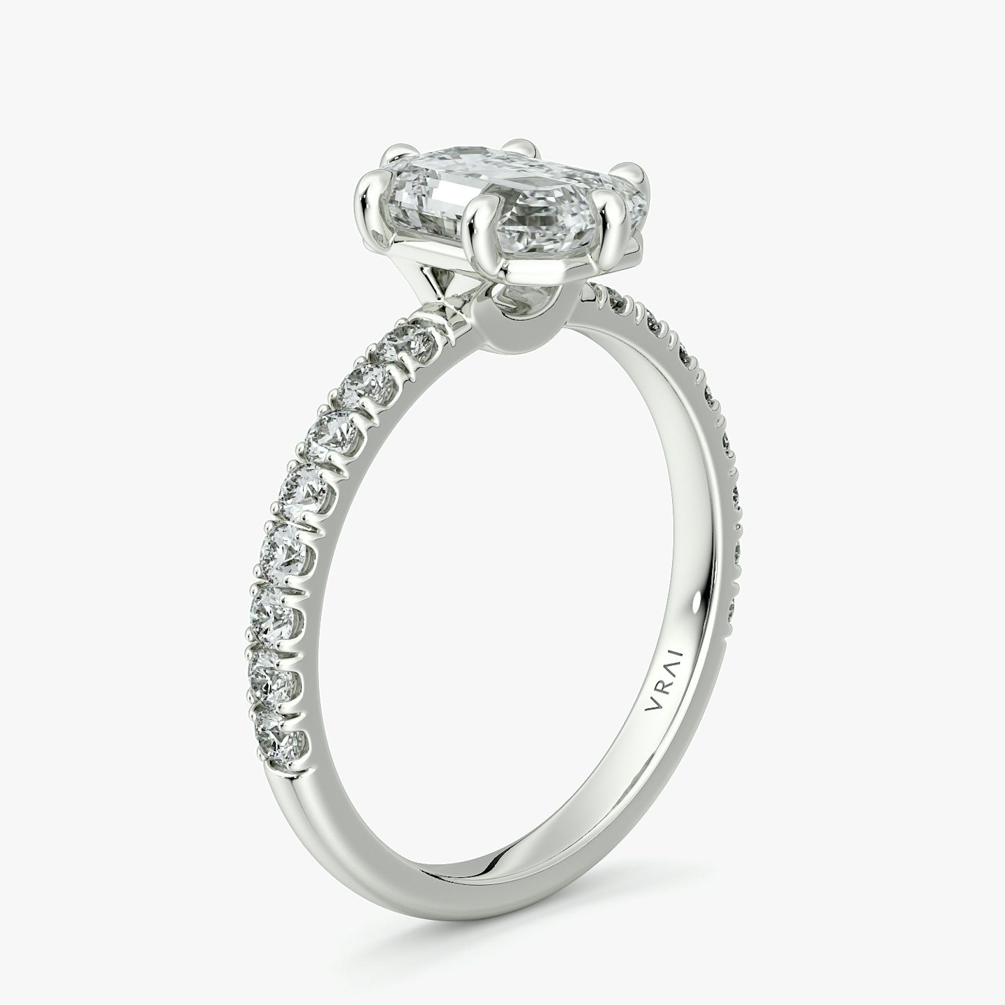 The Signature 6 Prong | Emerald | Platinum | bandAccent: Pavé | bandWidth: large | hiddenHalo: no | diamondOrientation: vertical | caratWeight: other