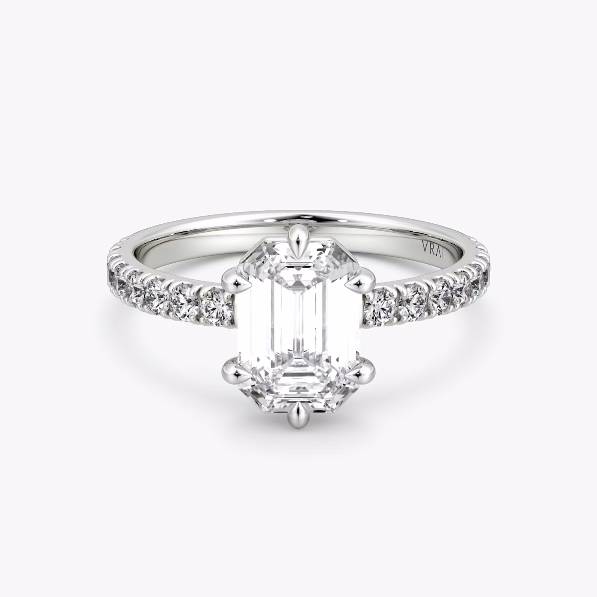 The Signature 6 Prong | Emerald | Platinum | bandAccent: Pavé | bandWidth: large | hiddenHalo: no | diamondOrientation: vertical | caratWeight: other