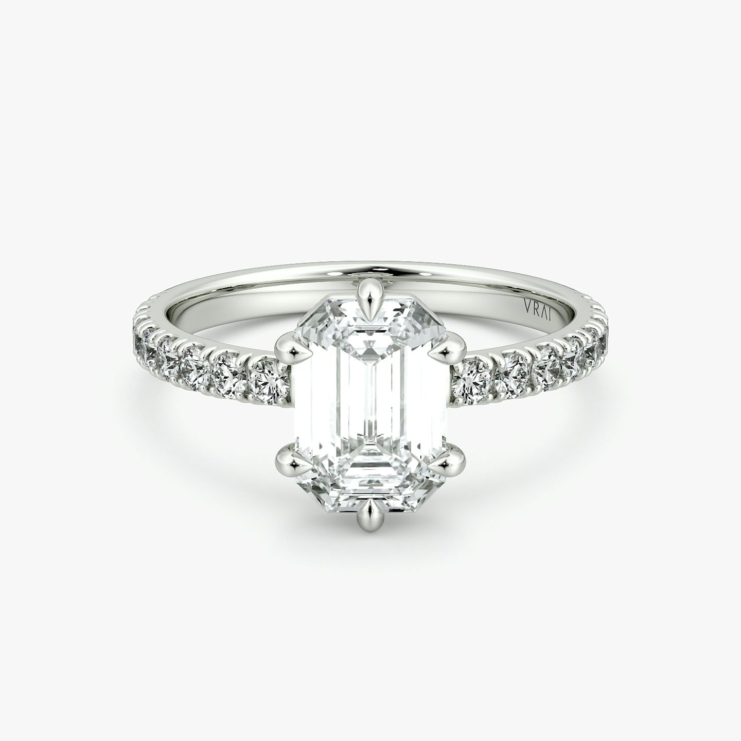 The Signature 6 Prong | Emerald | Platinum | bandAccent: Pavé | bandWidth: large | hiddenHalo: no | diamondOrientation: vertical | caratWeight: other