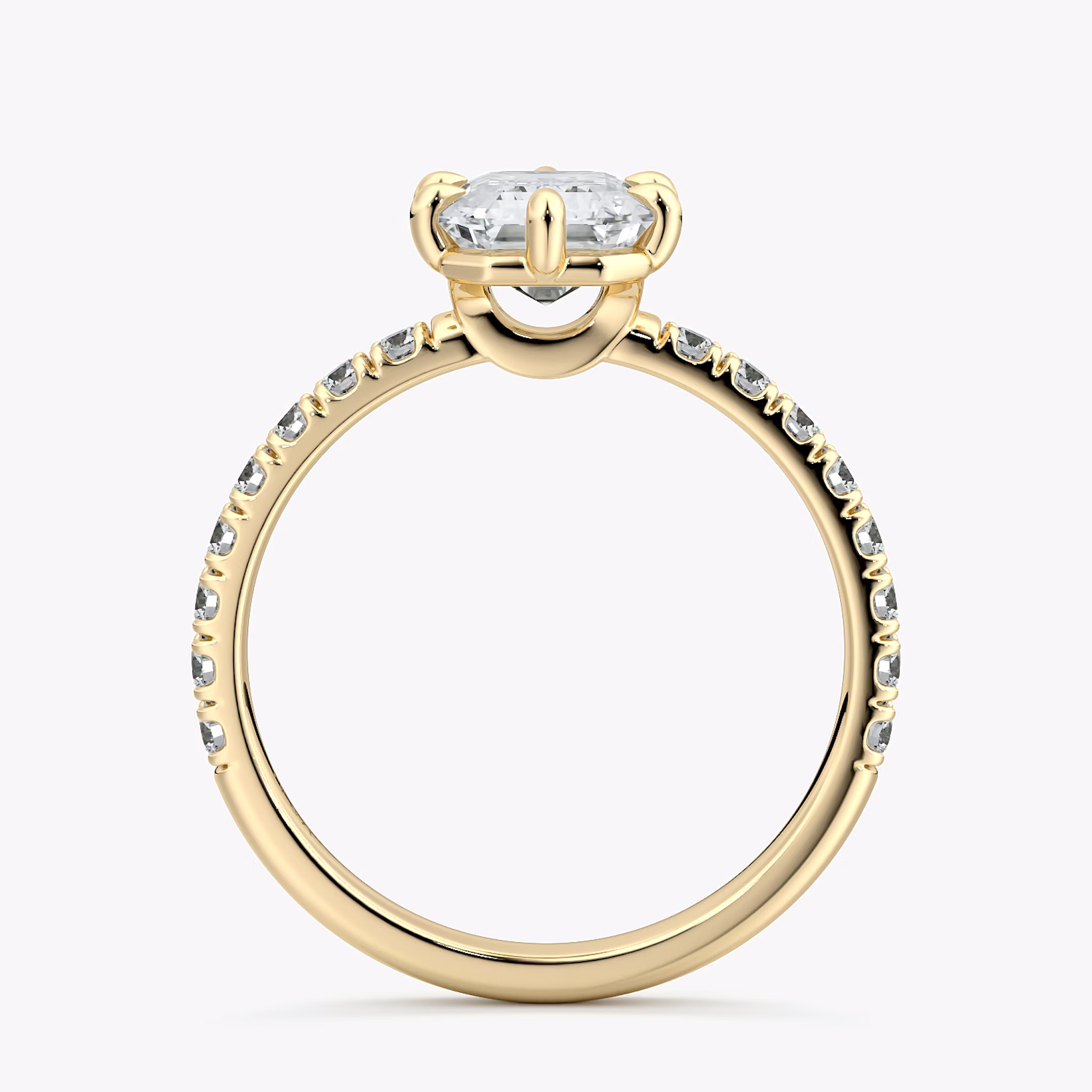 The Signature 6 Prong | Emerald | 18k | Yellow Gold | bandAccent: Pavé | bandWidth: large | hiddenHalo: no | diamondOrientation: vertical | caratWeight: other