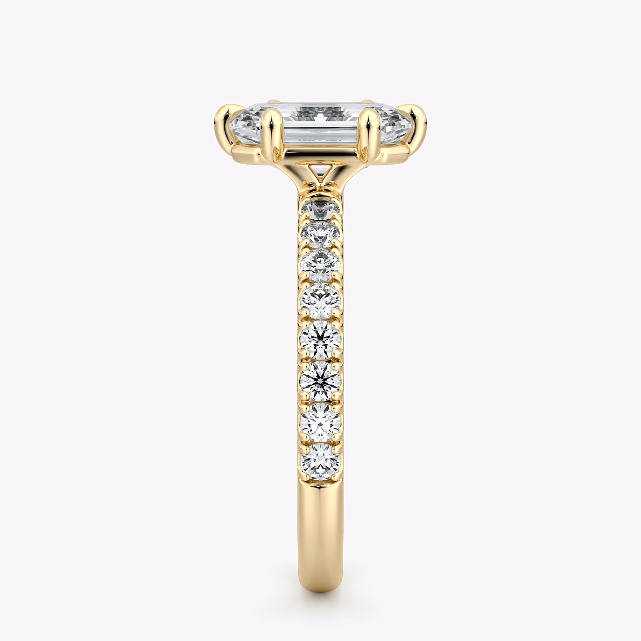 The Signature 6 Prong | Emerald | 18k | Yellow Gold | bandAccent: Pavé | bandWidth: large | hiddenHalo: no | diamondOrientation: vertical | caratWeight: other