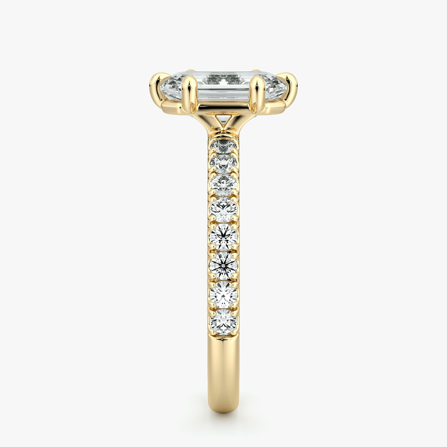 The Signature 6 Prong | Emerald | 18k | Yellow Gold | bandAccent: Pavé | bandWidth: large | hiddenHalo: no | diamondOrientation: vertical | caratWeight: other