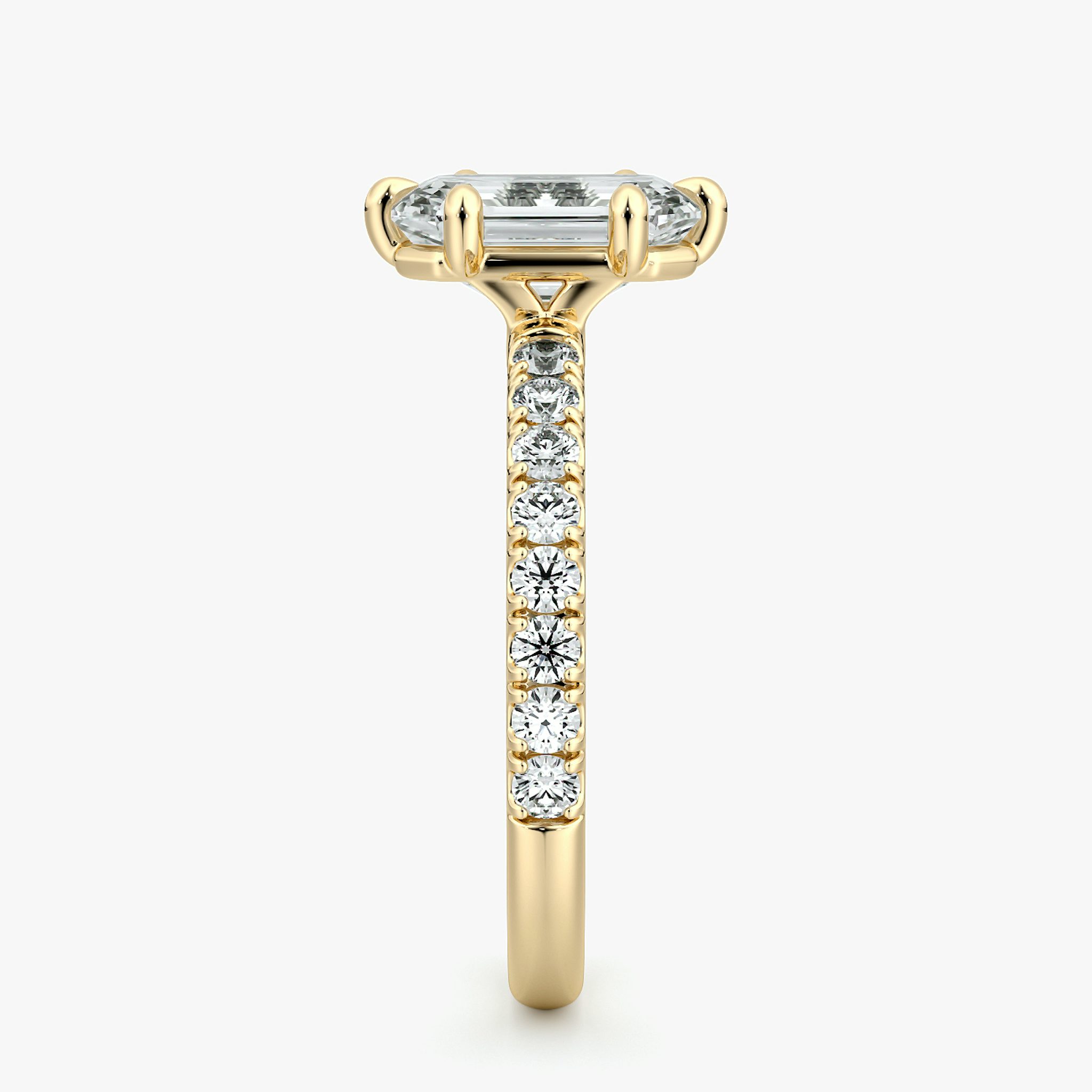 The Signature 6 Prong | Emerald | 18k | Yellow Gold | bandAccent: Pavé | bandWidth: large | hiddenHalo: no | diamondOrientation: vertical | caratWeight: other