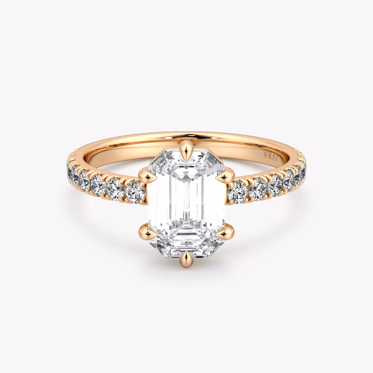 The Signature 6 Prong | Emerald | 14k | Rose Gold | bandAccent: Pavé | bandWidth: large | hiddenHalo: no | diamondOrientation: vertical | caratWeight: other