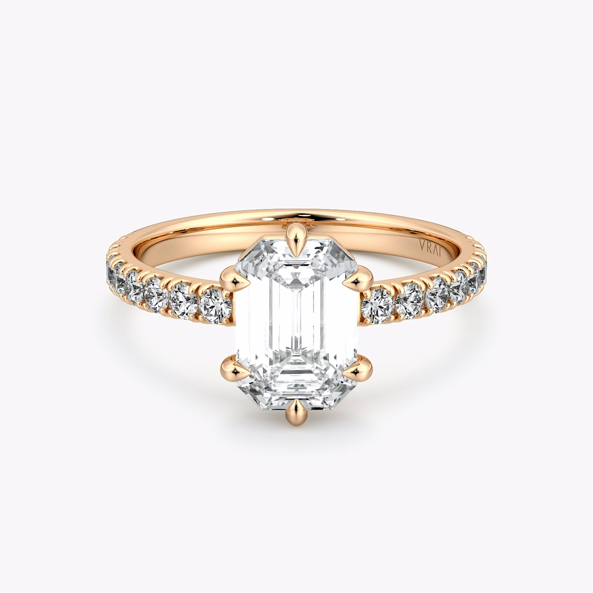 The Signature 6 Prong | Emerald | 14k | Rose Gold | bandAccent: Pavé | bandWidth: large | hiddenHalo: no | diamondOrientation: vertical | caratWeight: other