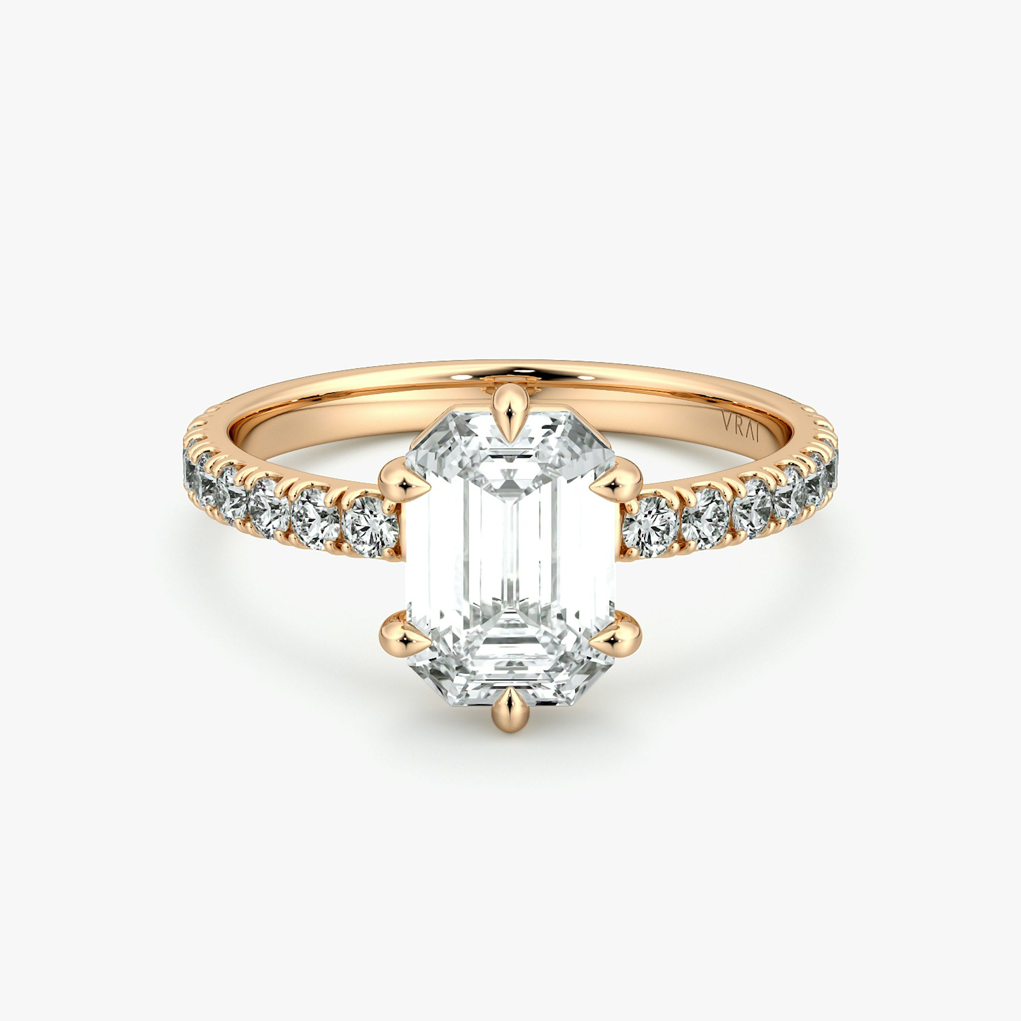 The Signature 6 Prong | Emerald | 14k | Rose Gold | bandAccent: Pavé | bandWidth: large | hiddenHalo: no | diamondOrientation: vertical | caratWeight: other