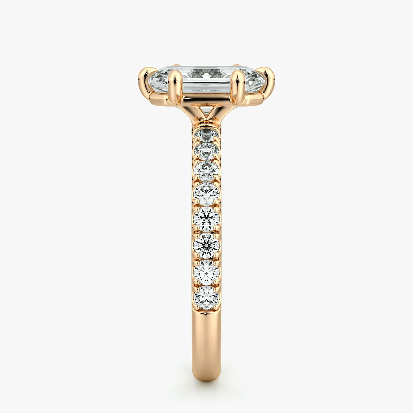 The Signature 6 Prong | Emerald | 14k | Rose Gold | bandAccent: Pavé | bandWidth: large | hiddenHalo: no | diamondOrientation: vertical | caratWeight: other