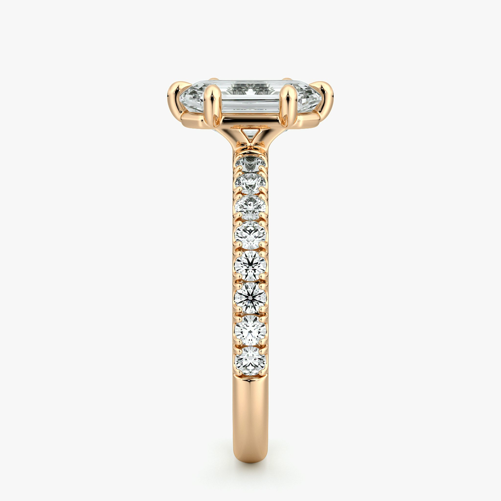 The Signature 6 Prong | Emerald | 14k | Rose Gold | bandAccent: Pavé | bandWidth: large | hiddenHalo: no | diamondOrientation: vertical | caratWeight: other