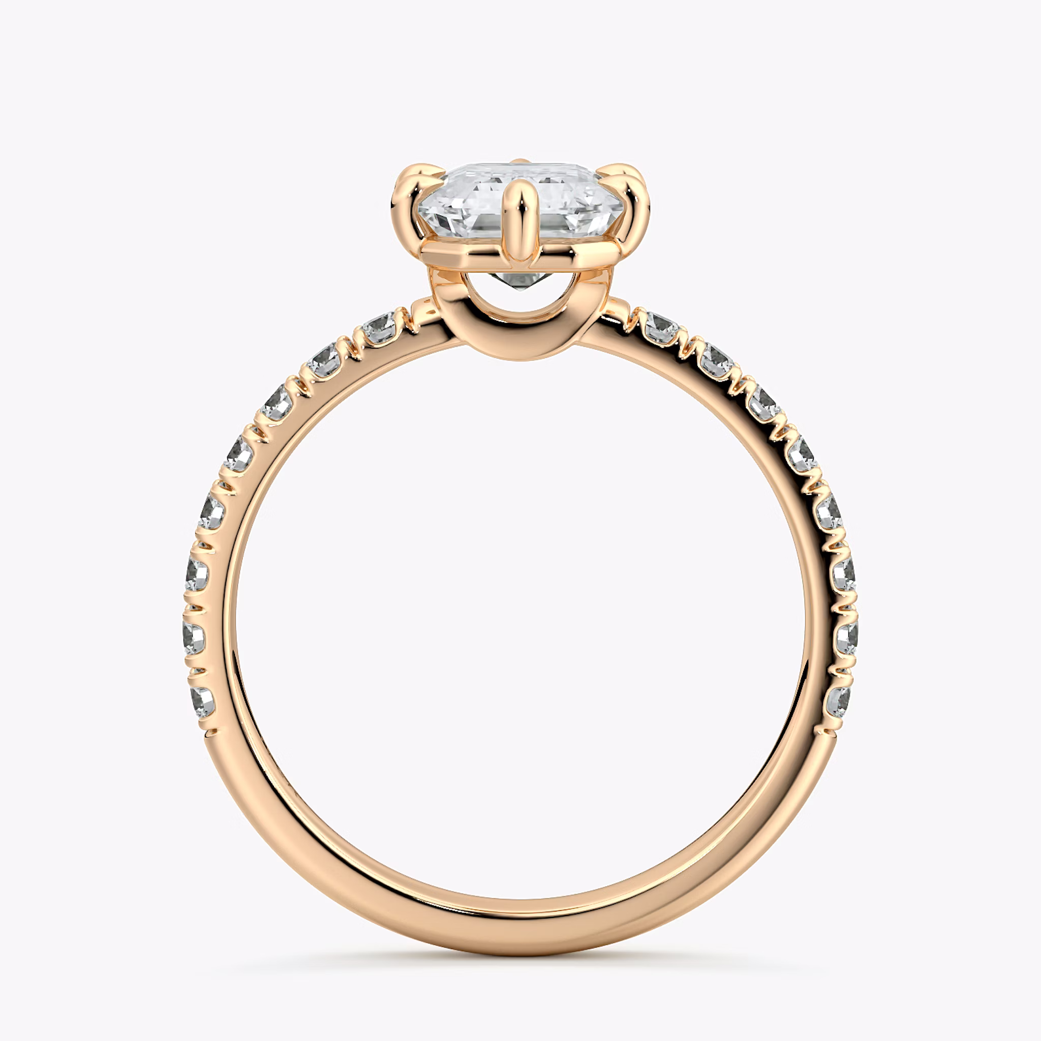 The Signature 6 Prong | Emerald | 14k | Rose Gold | bandAccent: Pavé | bandWidth: large | hiddenHalo: no | diamondOrientation: vertical | caratWeight: other