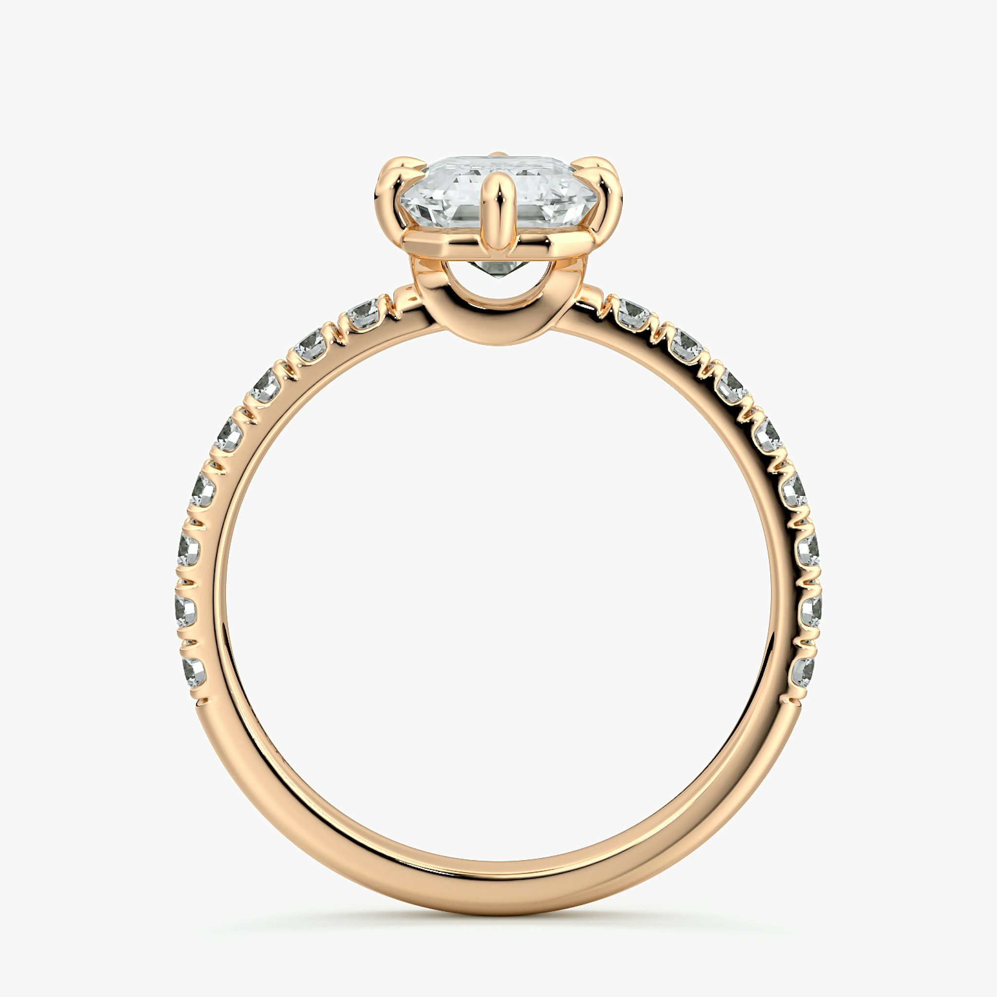 The Signature 6 Prong | Emerald | 14k | Rose Gold | bandAccent: Pavé | bandWidth: large | hiddenHalo: no | diamondOrientation: vertical | caratWeight: other