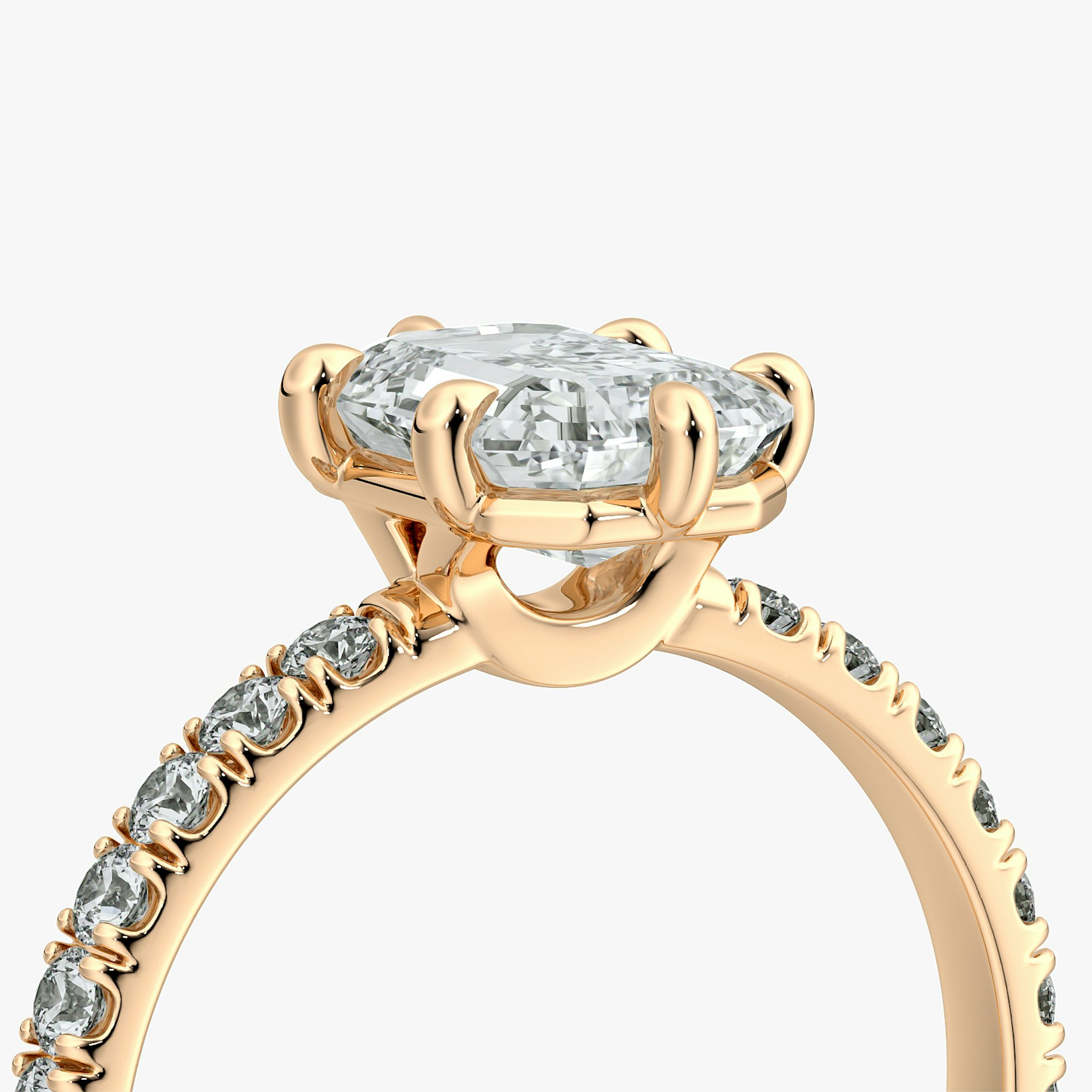 The Signature 6 Prong | Emerald | 14k | Rose Gold | bandAccent: Pavé | bandWidth: large | hiddenHalo: no | diamondOrientation: vertical | caratWeight: other