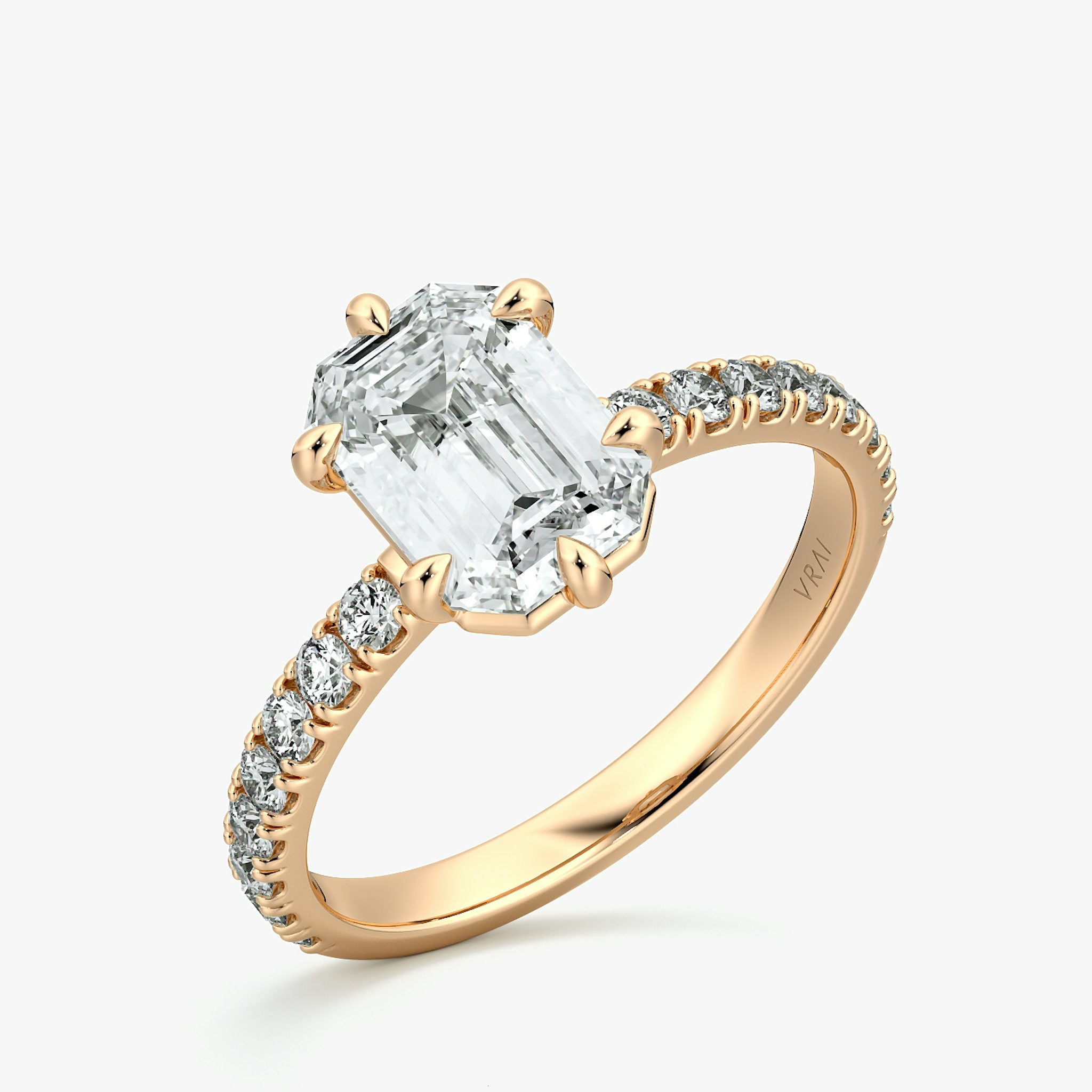 The Signature 6 Prong | Emerald | 14k | Rose Gold | bandAccent: Pavé | bandWidth: large | hiddenHalo: no | diamondOrientation: vertical | caratWeight: other