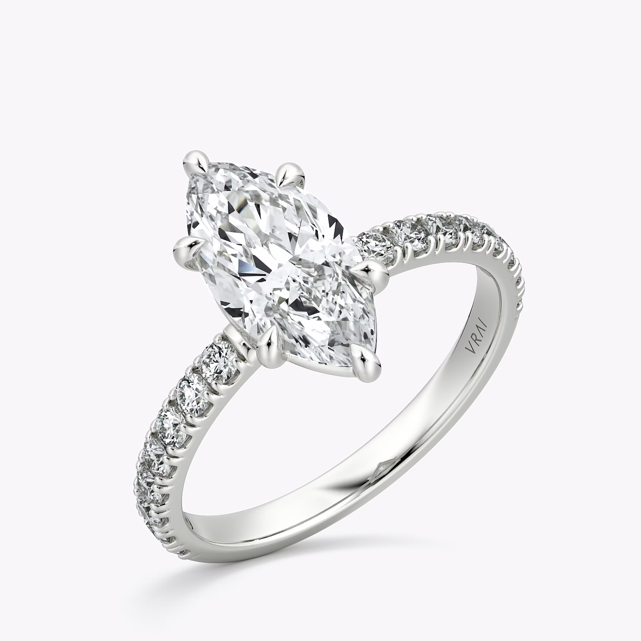 The Signature 6 Prong | Marquise | 18k | White Gold | bandAccent: Pavé | bandWidth: large | hiddenHalo: no | diamondOrientation: vertical | caratWeight: other