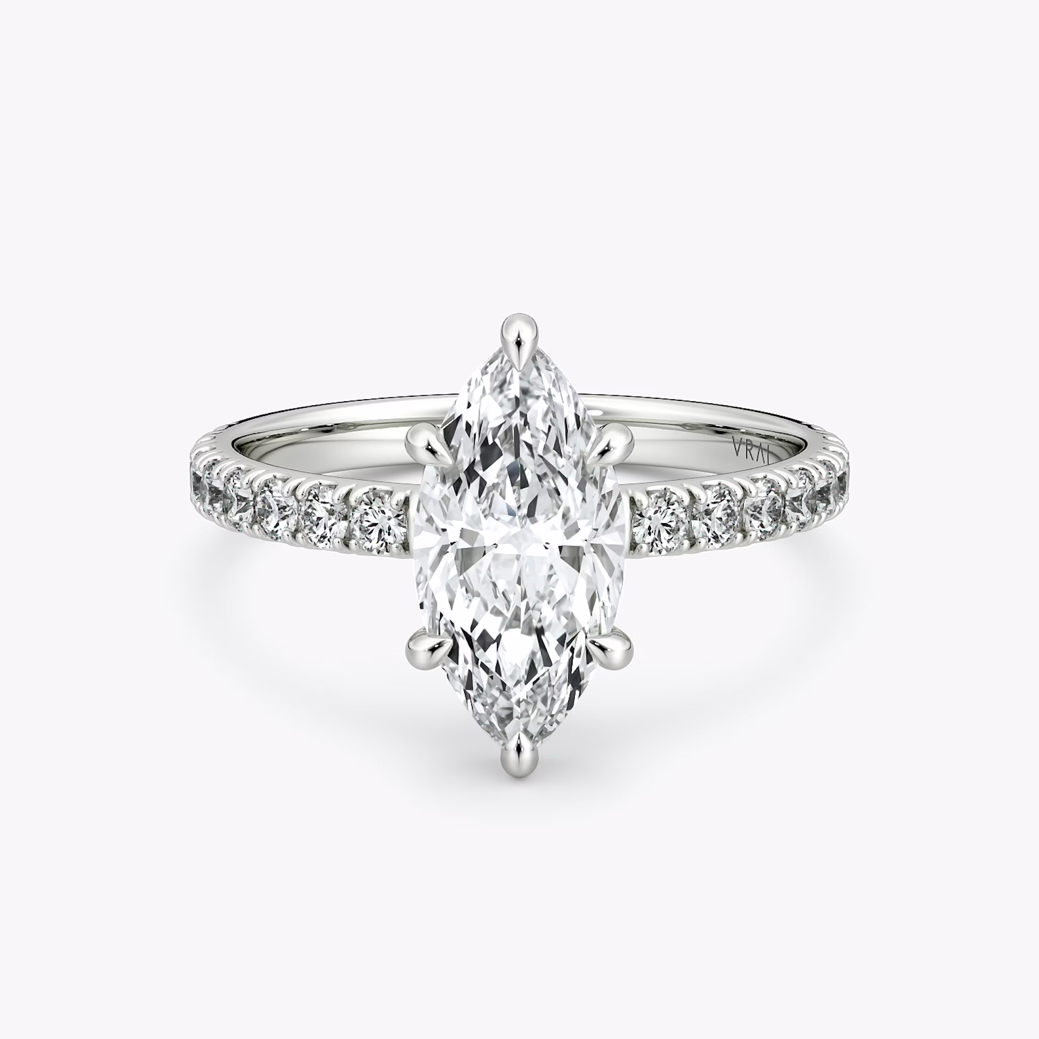 The Signature 6 Prong | Marquise | 18k | White Gold | bandAccent: Pavé | bandWidth: large | hiddenHalo: no | diamondOrientation: vertical | caratWeight: other