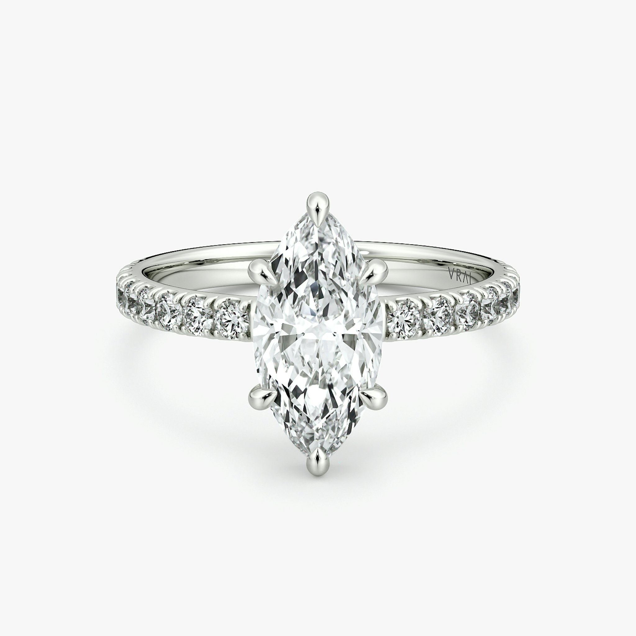 The Signature 6 Prong | Marquise | 18k | White Gold | bandAccent: Pavé | bandWidth: large | hiddenHalo: no | diamondOrientation: vertical | caratWeight: other