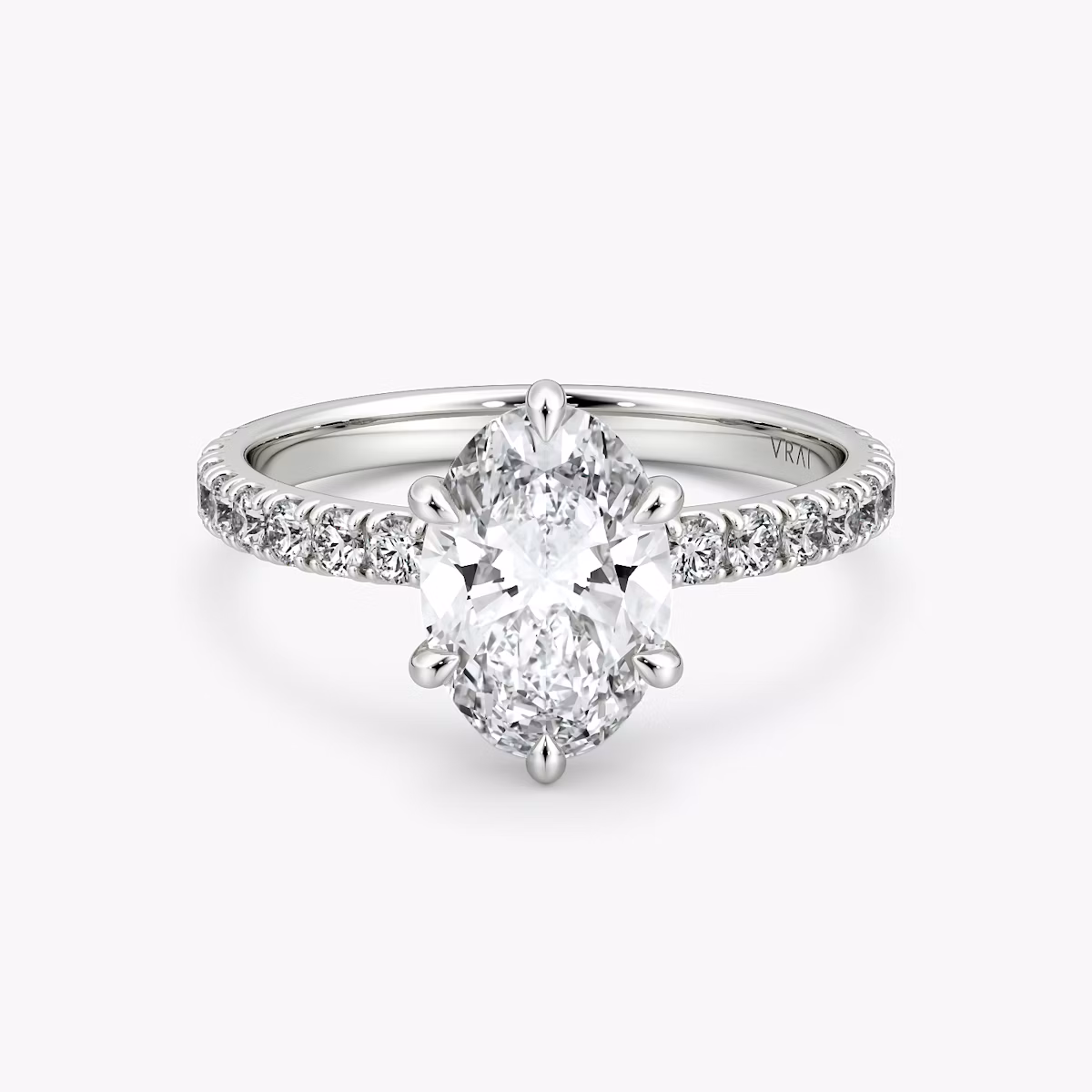 The Signature 6 Prong | Oval | 18k | White Gold | bandAccent: Pavé | bandWidth: large | hiddenHalo: no | diamondOrientation: vertical | caratWeight: other