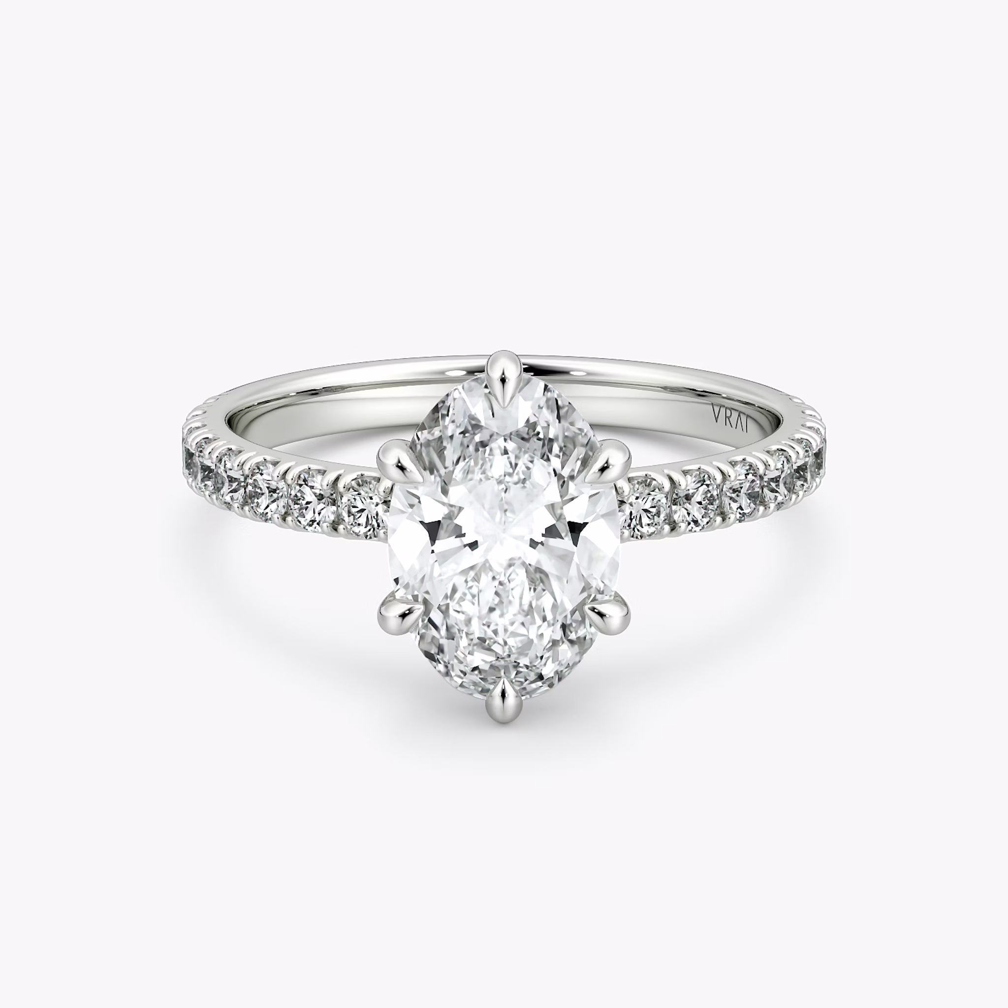 The Signature 6 Prong | Oval | 18k | White Gold | bandAccent: Pavé | bandWidth: large | hiddenHalo: no | diamondOrientation: vertical | caratWeight: other