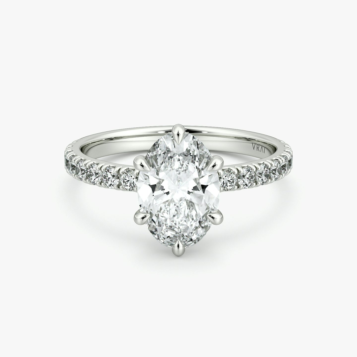 The Signature 6 Prong | Oval | 18k | White Gold | bandAccent: Pavé | bandWidth: large | hiddenHalo: no | diamondOrientation: vertical | caratWeight: other