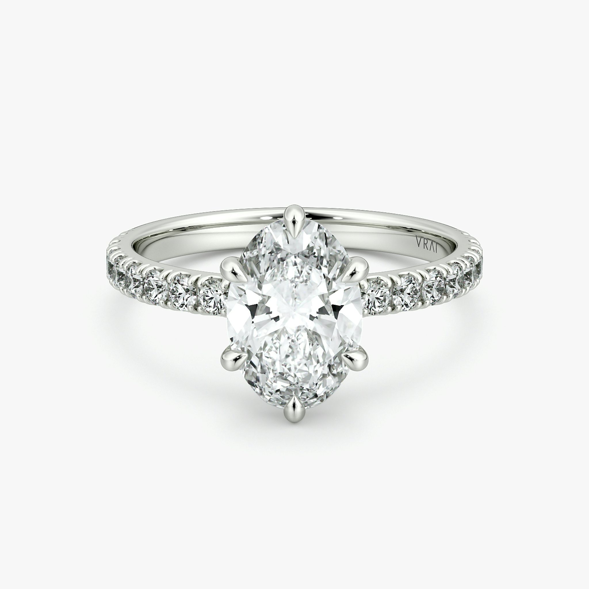 The Signature 6 Prong | Oval | 18k | White Gold | bandAccent: Pavé | bandWidth: large | hiddenHalo: no | diamondOrientation: vertical | caratWeight: other