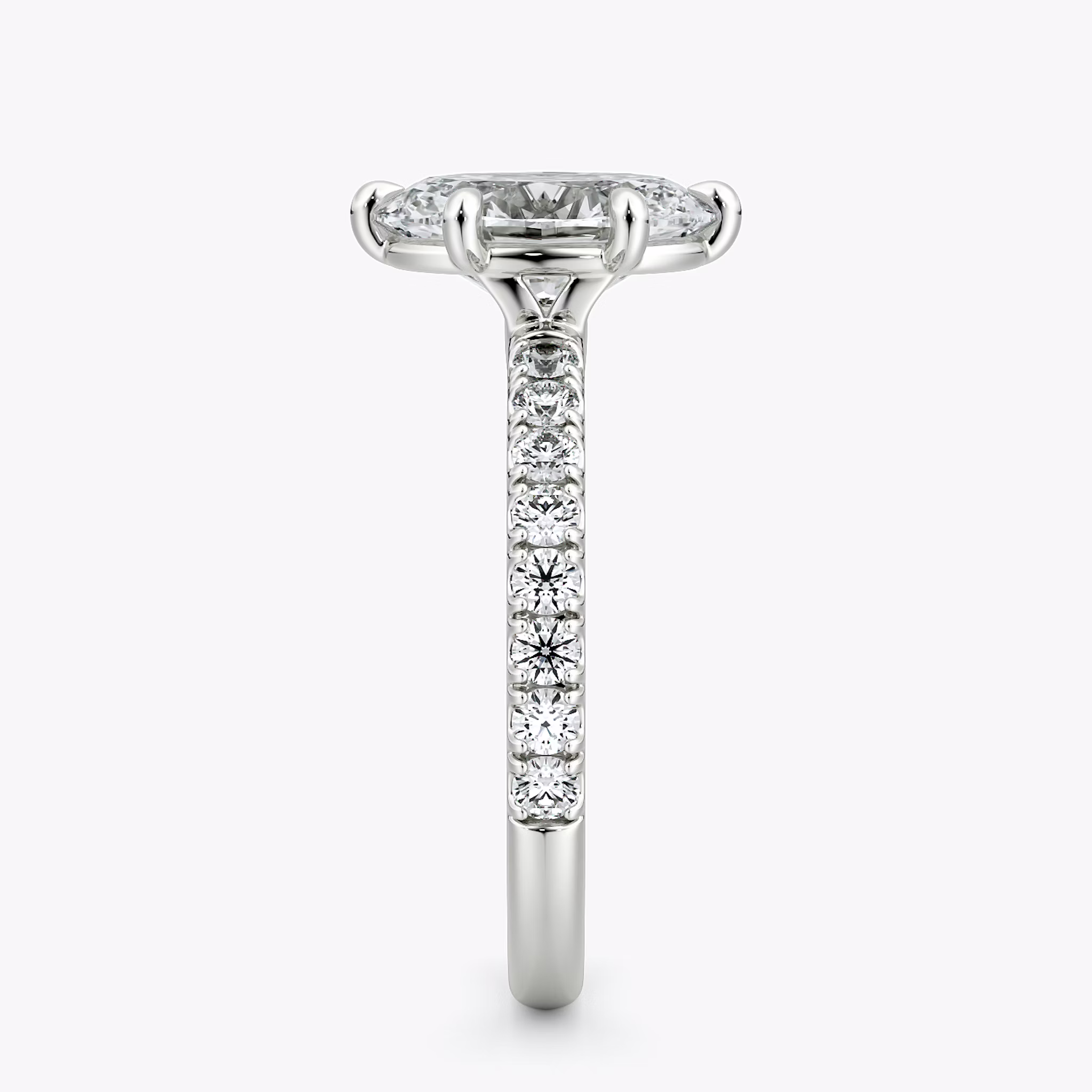 The Signature 6 Prong | Oval | 18k | White Gold | bandAccent: Pavé | bandWidth: large | hiddenHalo: no | diamondOrientation: vertical | caratWeight: other
