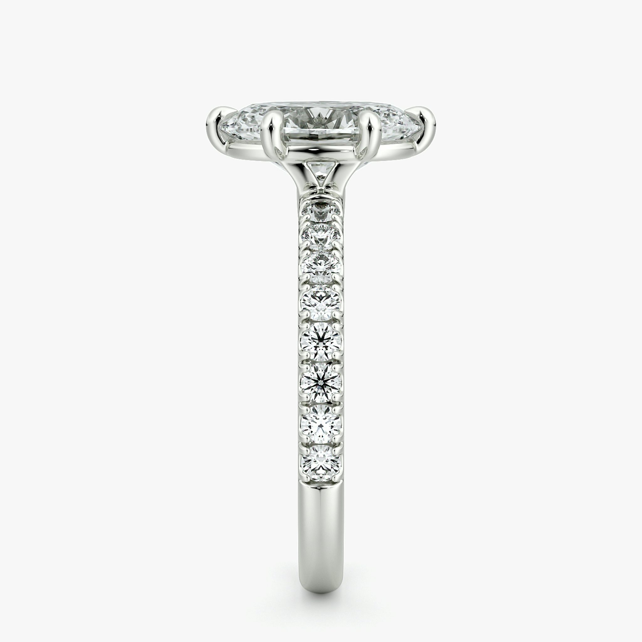 The Signature 6 Prong | Oval | 18k | White Gold | bandAccent: Pavé | bandWidth: large | hiddenHalo: no | diamondOrientation: vertical | caratWeight: other