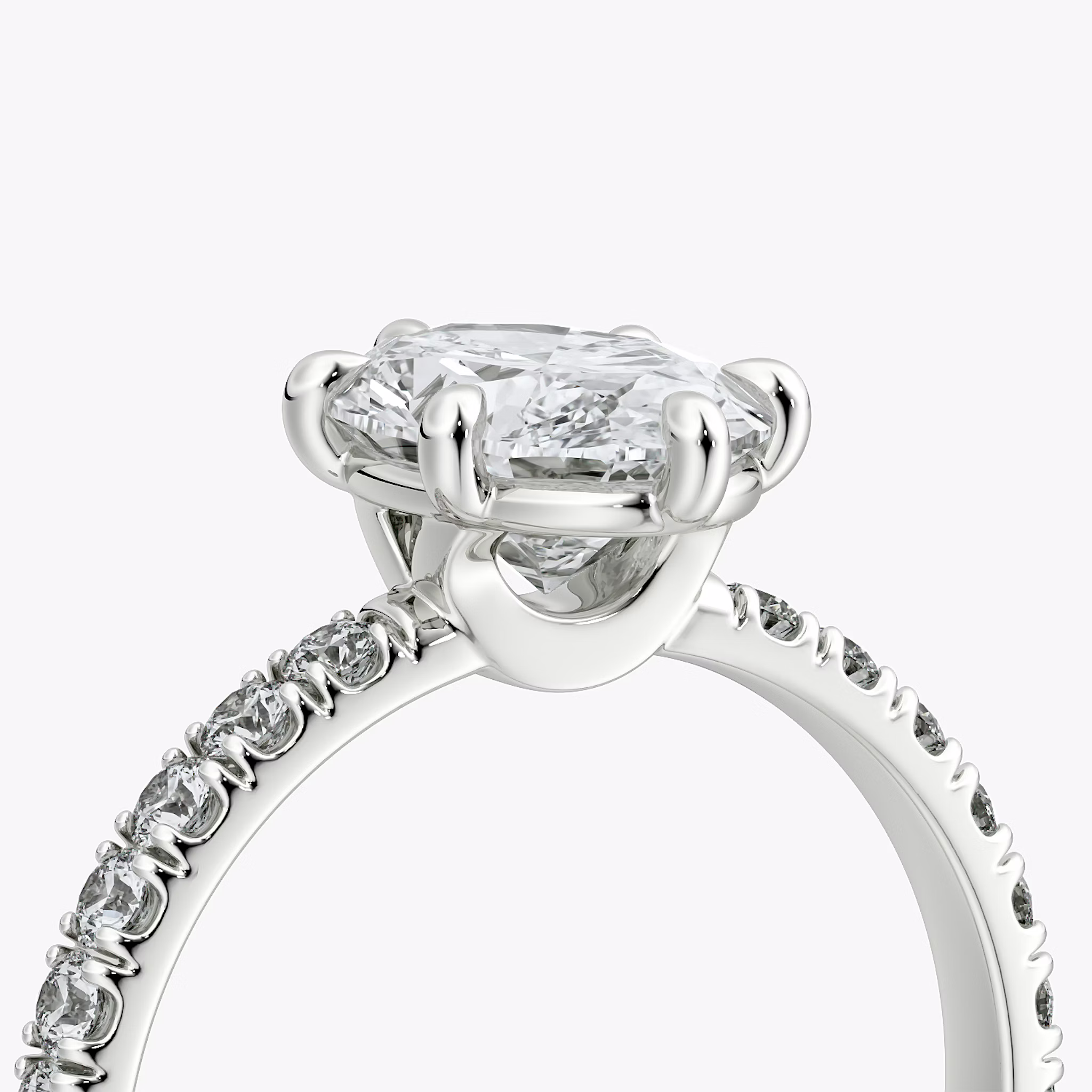 The Signature 6 Prong | Oval | 18k | White Gold | bandAccent: Pavé | bandWidth: large | hiddenHalo: no | diamondOrientation: vertical | caratWeight: other
