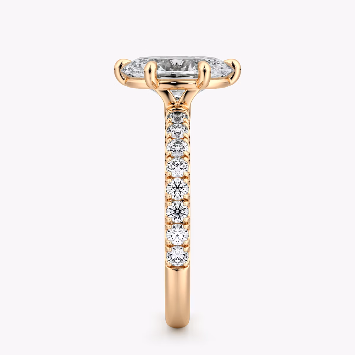 The Signature 6 Prong | Oval | 14k | Rose Gold | bandAccent: Pavé | bandWidth: large | hiddenHalo: no | diamondOrientation: vertical | caratWeight: other