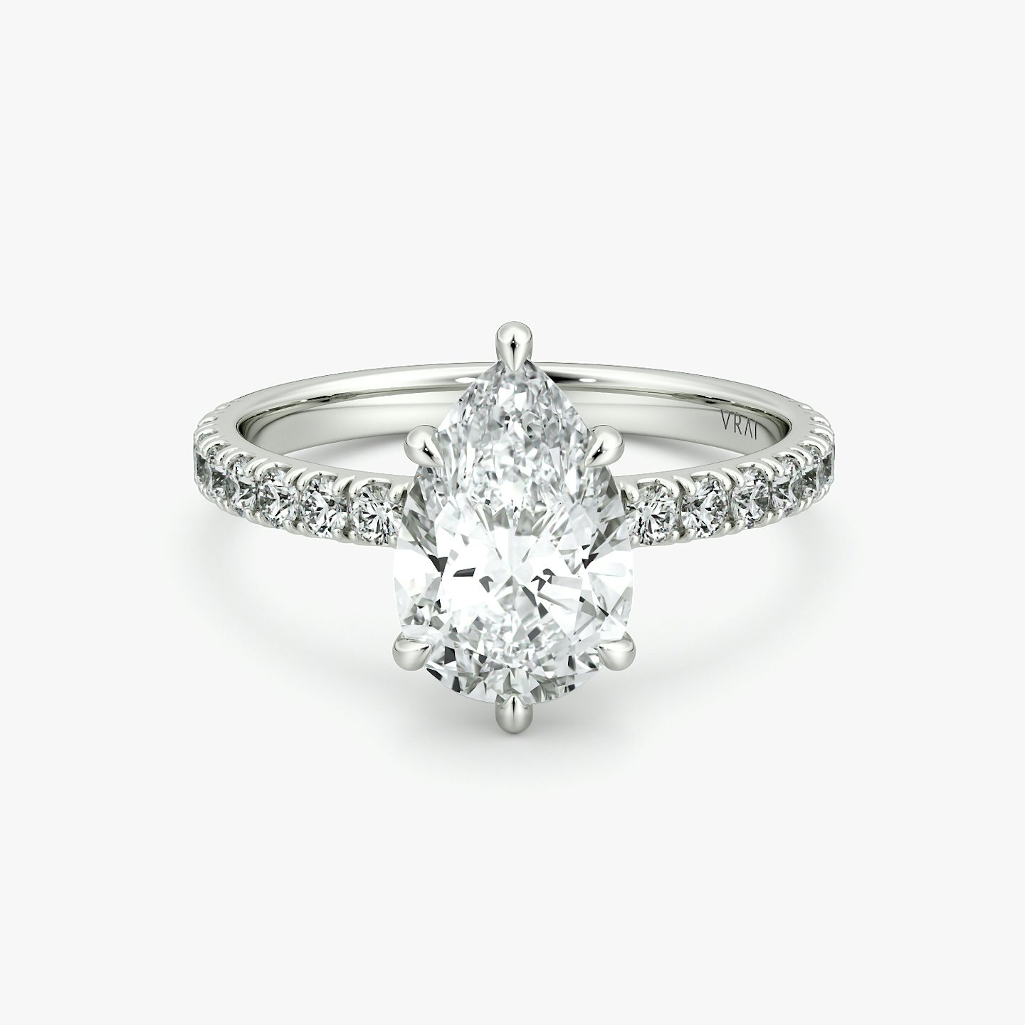 The Signature 6 Prong | Pear | Platinum | bandAccent: Pavé | bandWidth: large | hiddenHalo: no | diamondOrientation: vertical | caratWeight: other